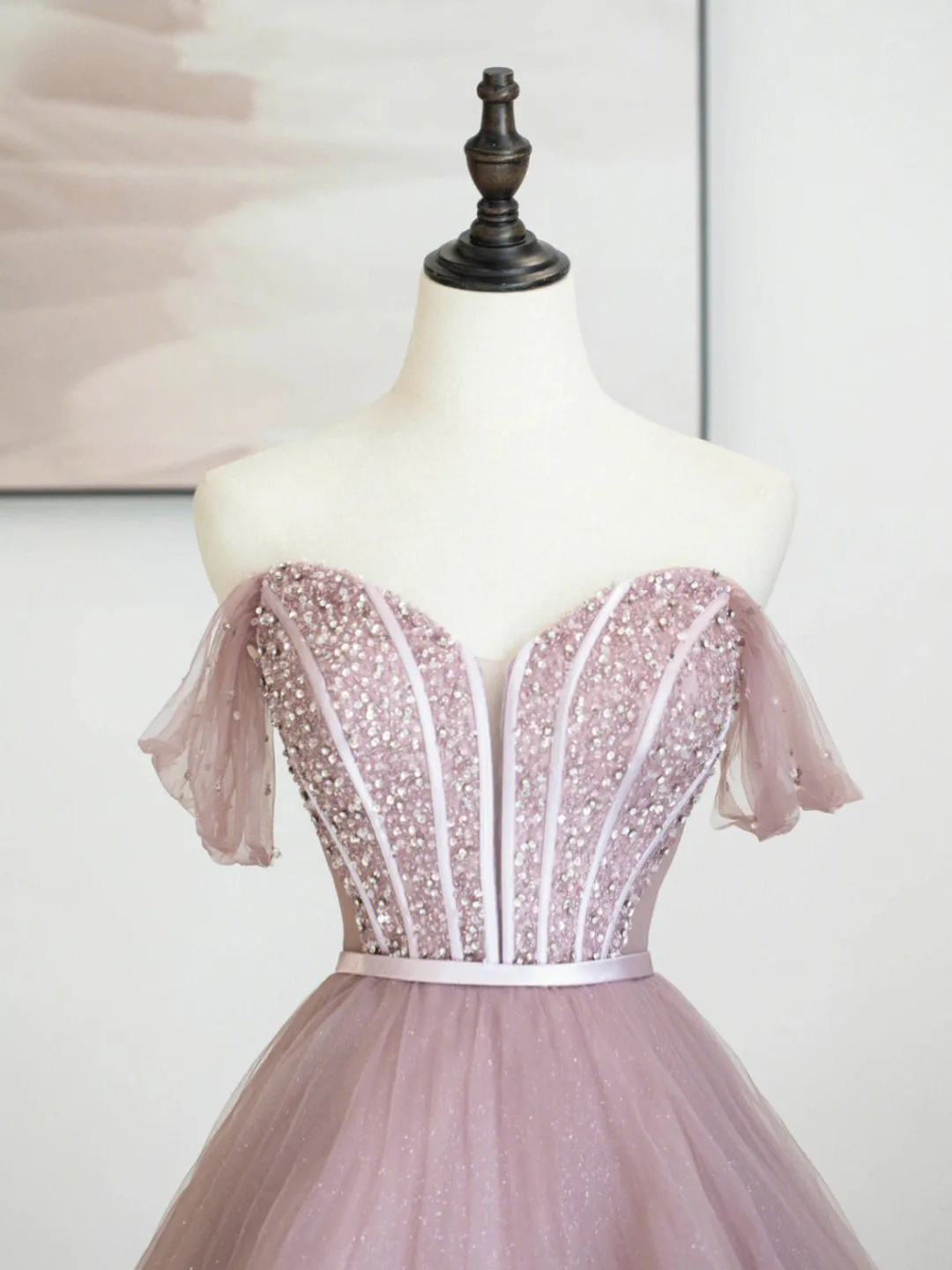 Pink Tulle Sequins Long Prom Dress Off Shoulder Evening Dress