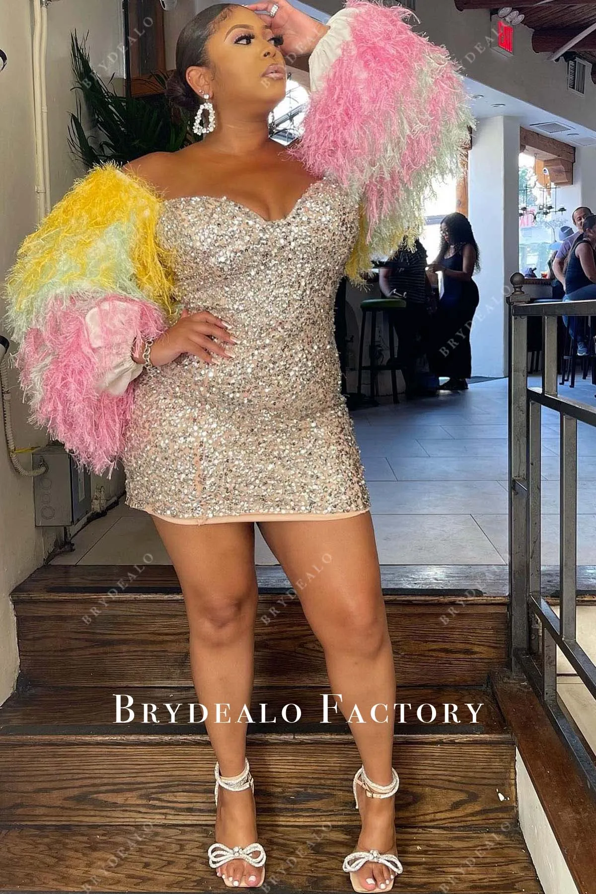 Plus Size Off-Shoulder Colorful Sleeves Sequin Prom Dress