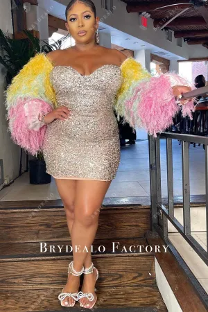 Plus Size Off-Shoulder Colorful Sleeves Sequin Prom Dress