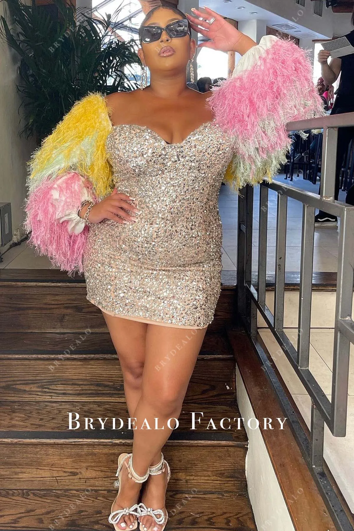 Plus Size Off-Shoulder Colorful Sleeves Sequin Prom Dress