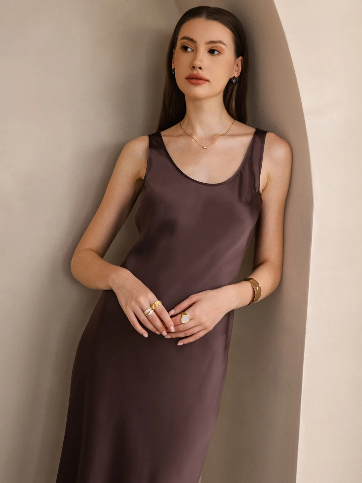 Elegant Long Dress with Wide Straps in Solid Silk - Sleeveless Option