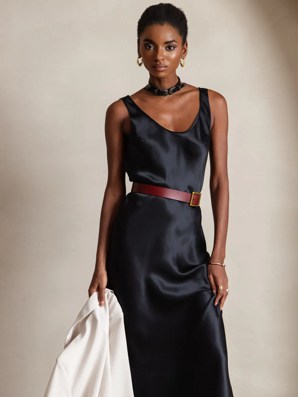 Elegant Long Dress with Wide Straps in Solid Silk - Sleeveless Option