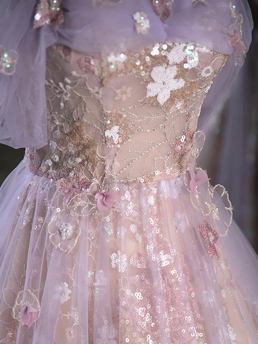 Purple A-Line Off the Shoulder Sequins Prom Dress Lovely Tulle Corset Floor Length Evening Dress