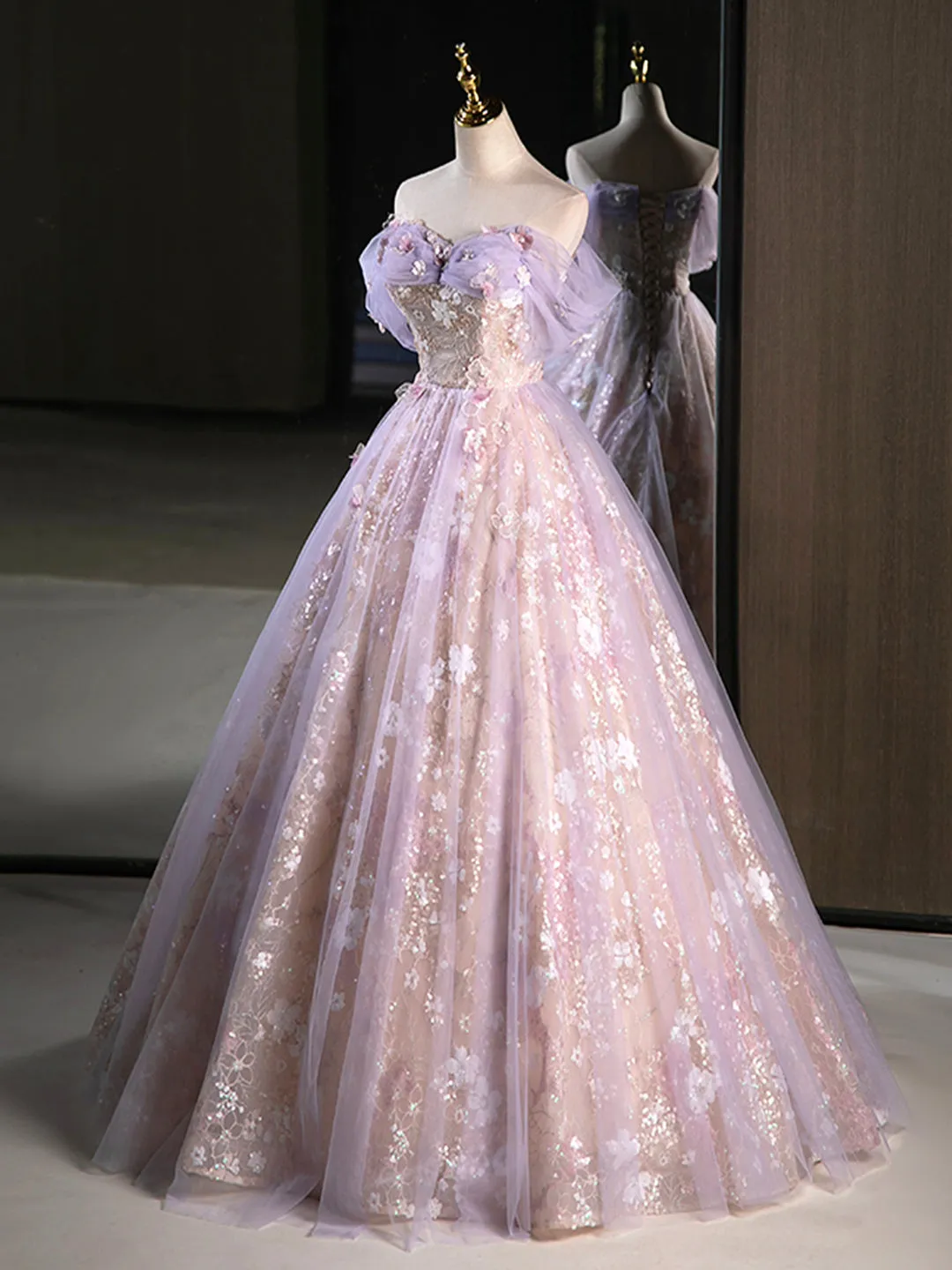 Purple A-Line Off the Shoulder Sequins Prom Dress Lovely Tulle Corset Floor Length Evening Dress