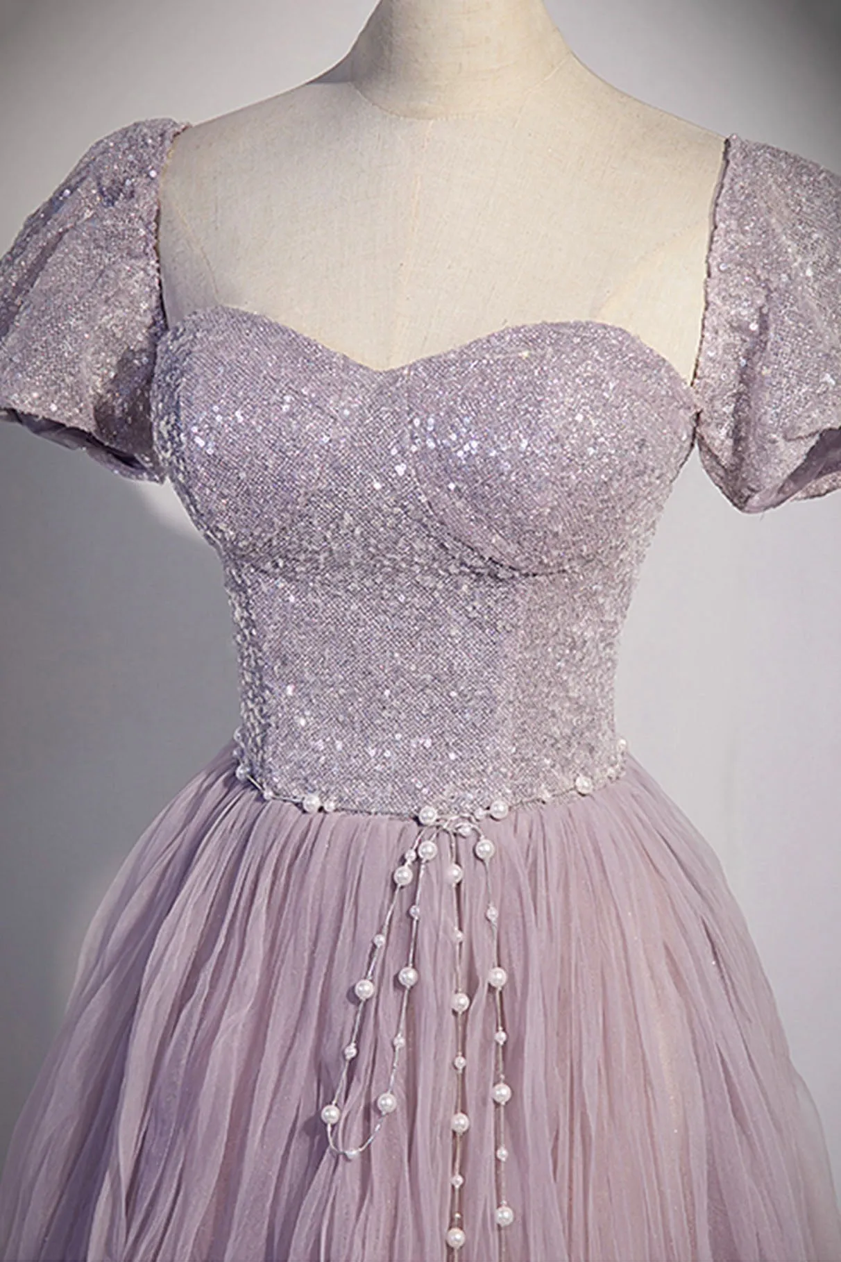 Purple Tulle Long A-Line Prom Dress, Purple Short Sleeve Evening Party Dress
