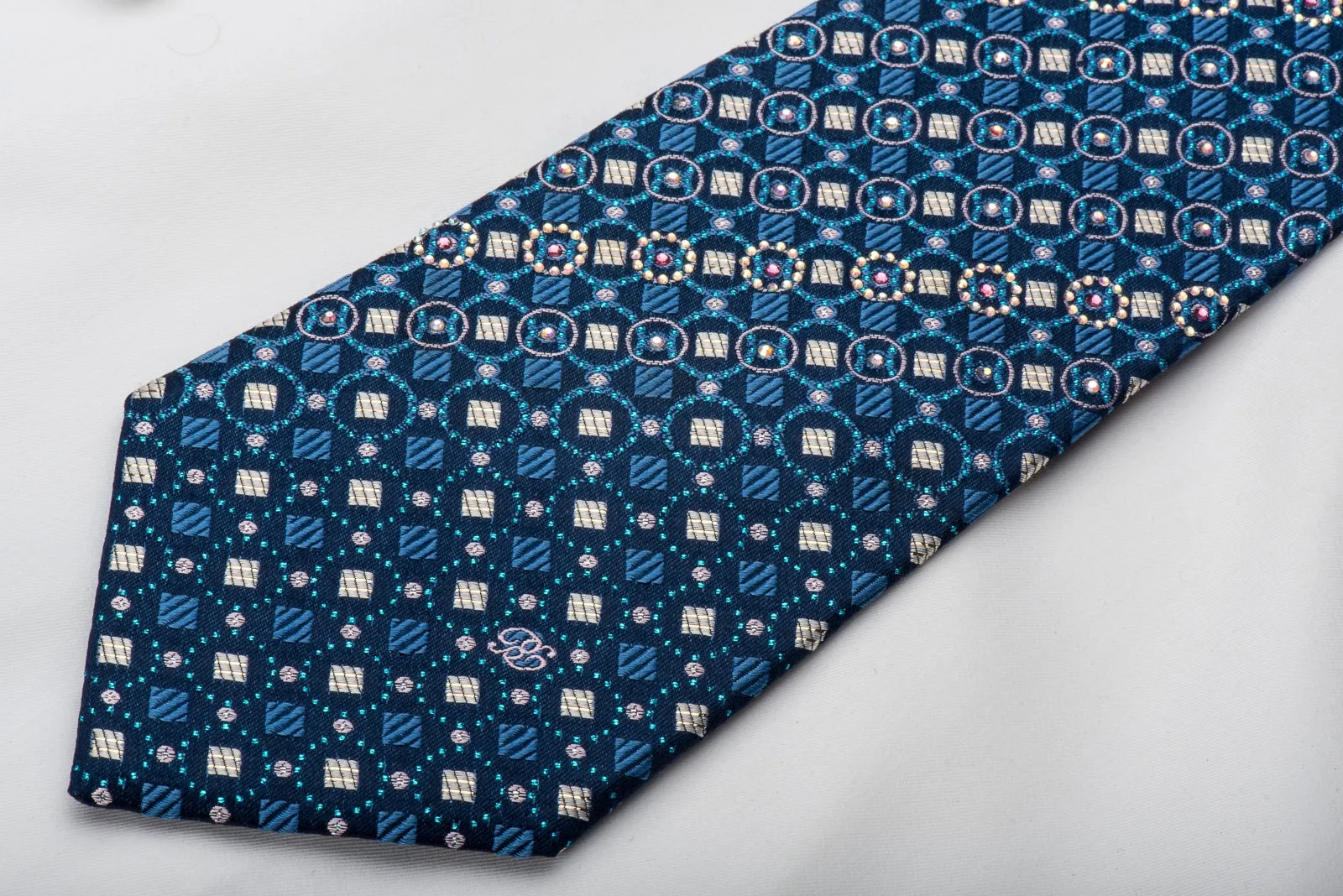 Renoma Rhinestone Silk Necktie Geometric On Blue With Sparkles