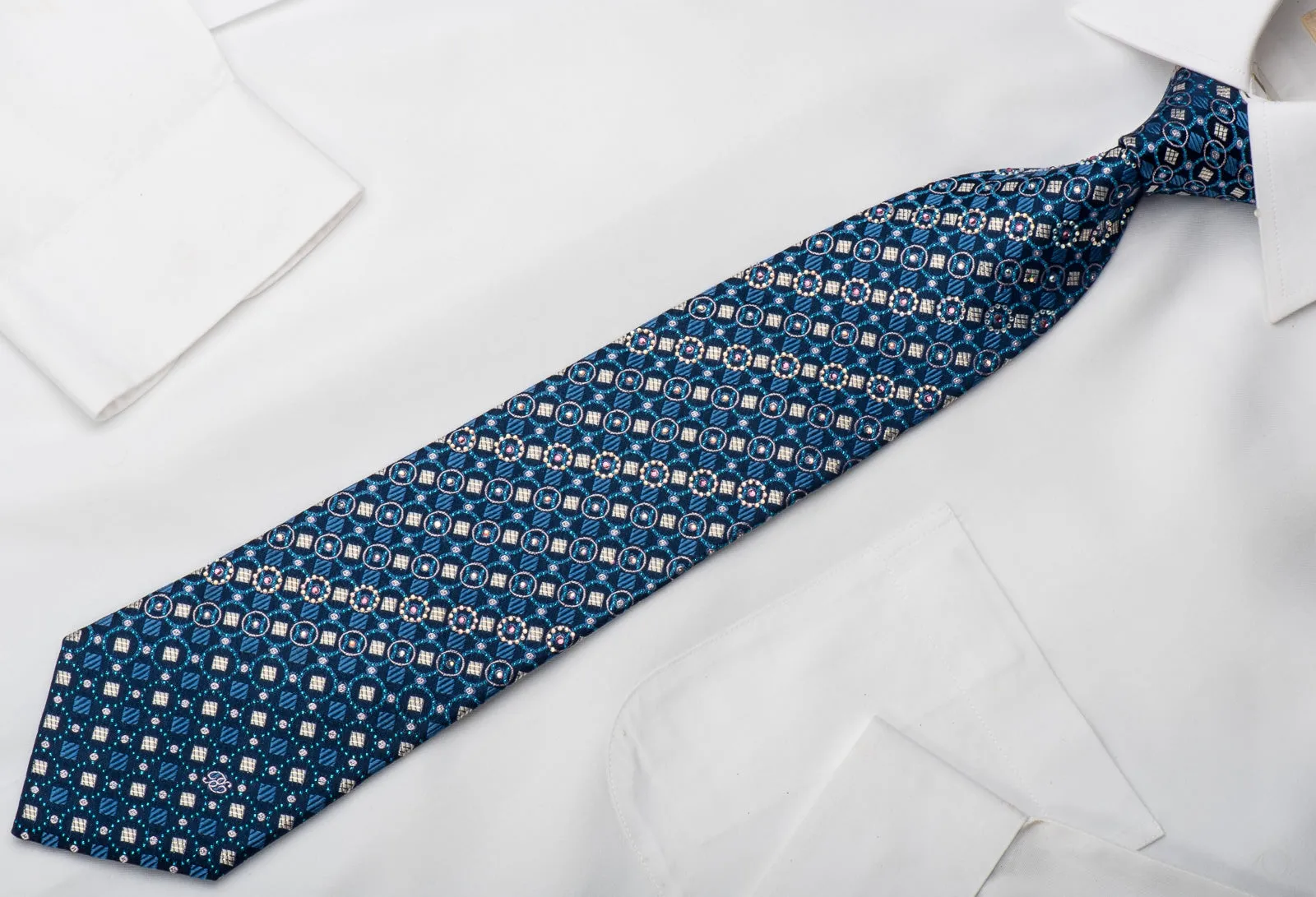 Renoma Rhinestone Silk Necktie Geometric On Blue With Sparkles