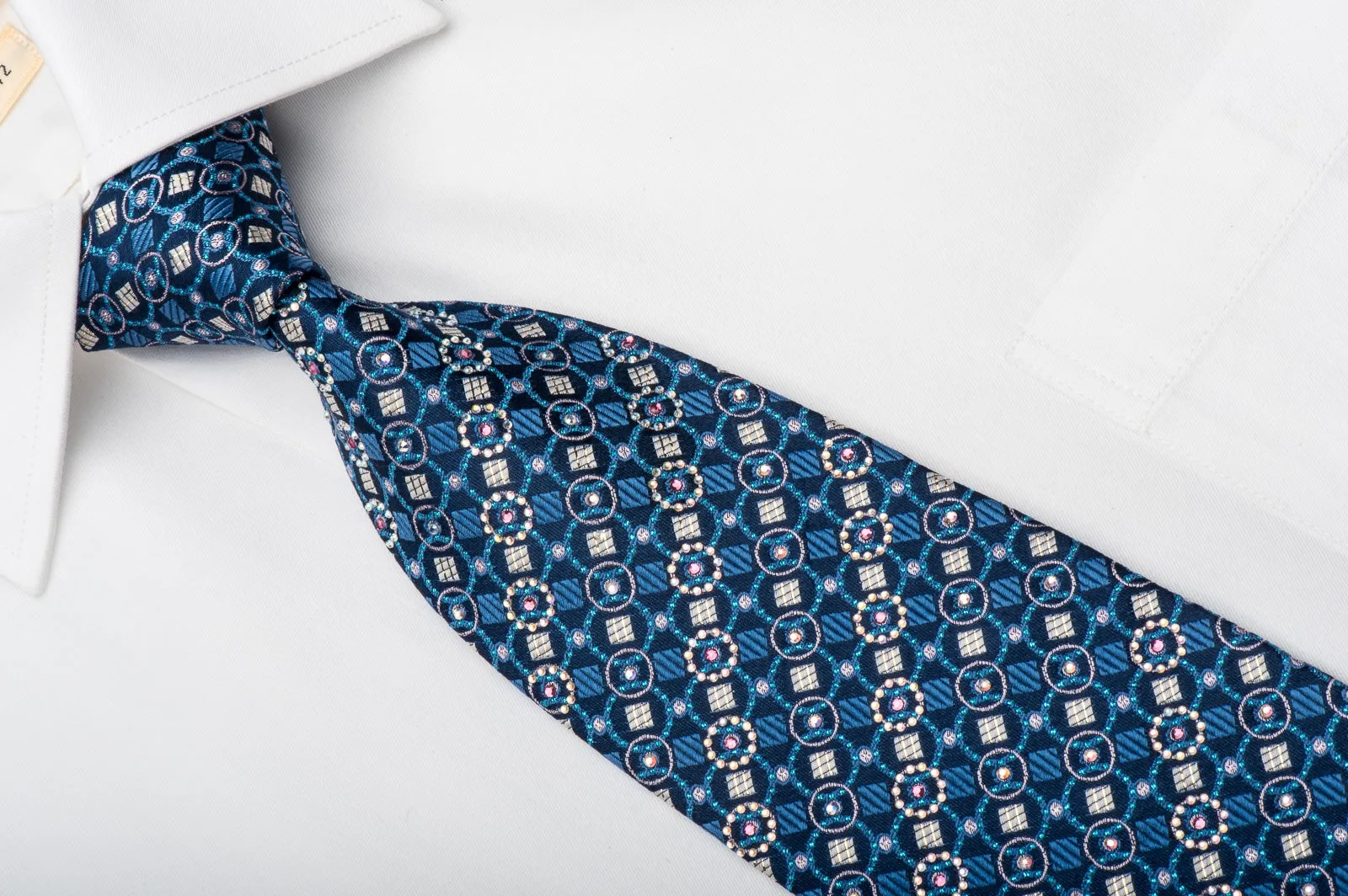 Renoma Rhinestone Silk Necktie Geometric On Blue With Sparkles