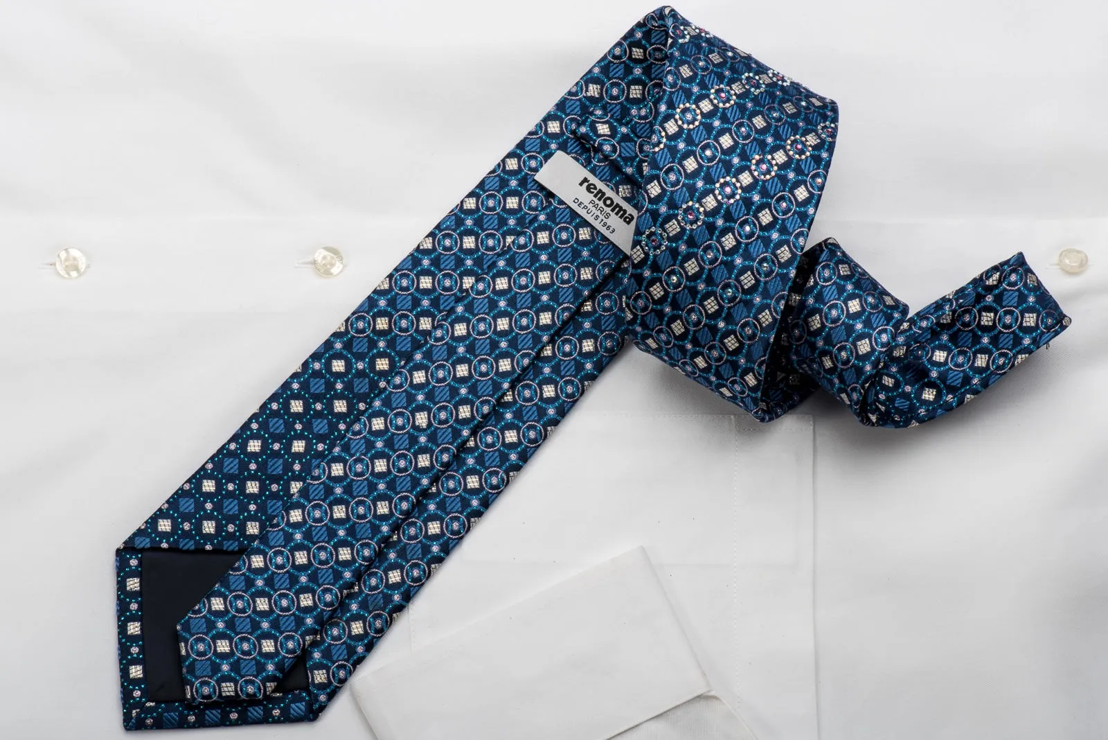 Renoma Rhinestone Silk Necktie Geometric On Blue With Sparkles