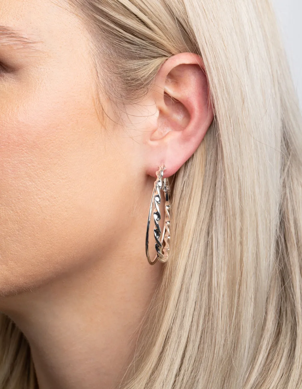 Rhodium Double Twisted Hoop Earrings