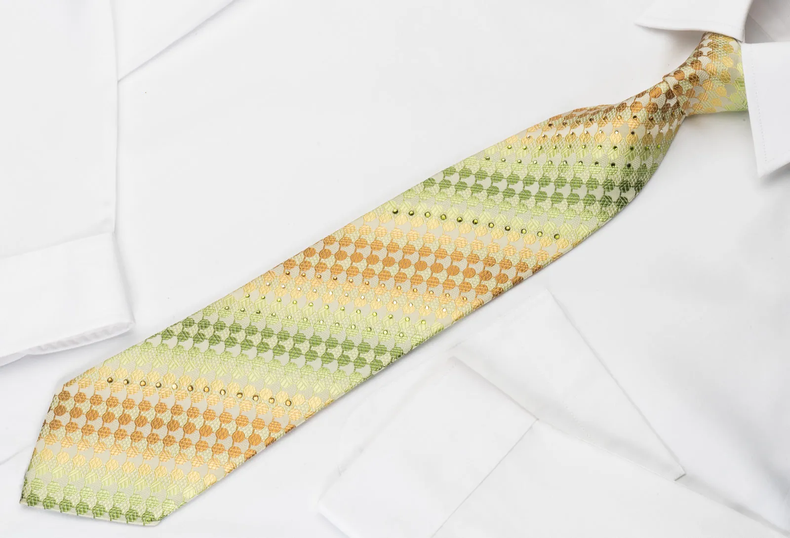 Roberta di Camerino Rhinestone Silk Necktie Green Yellow Geometric Dots