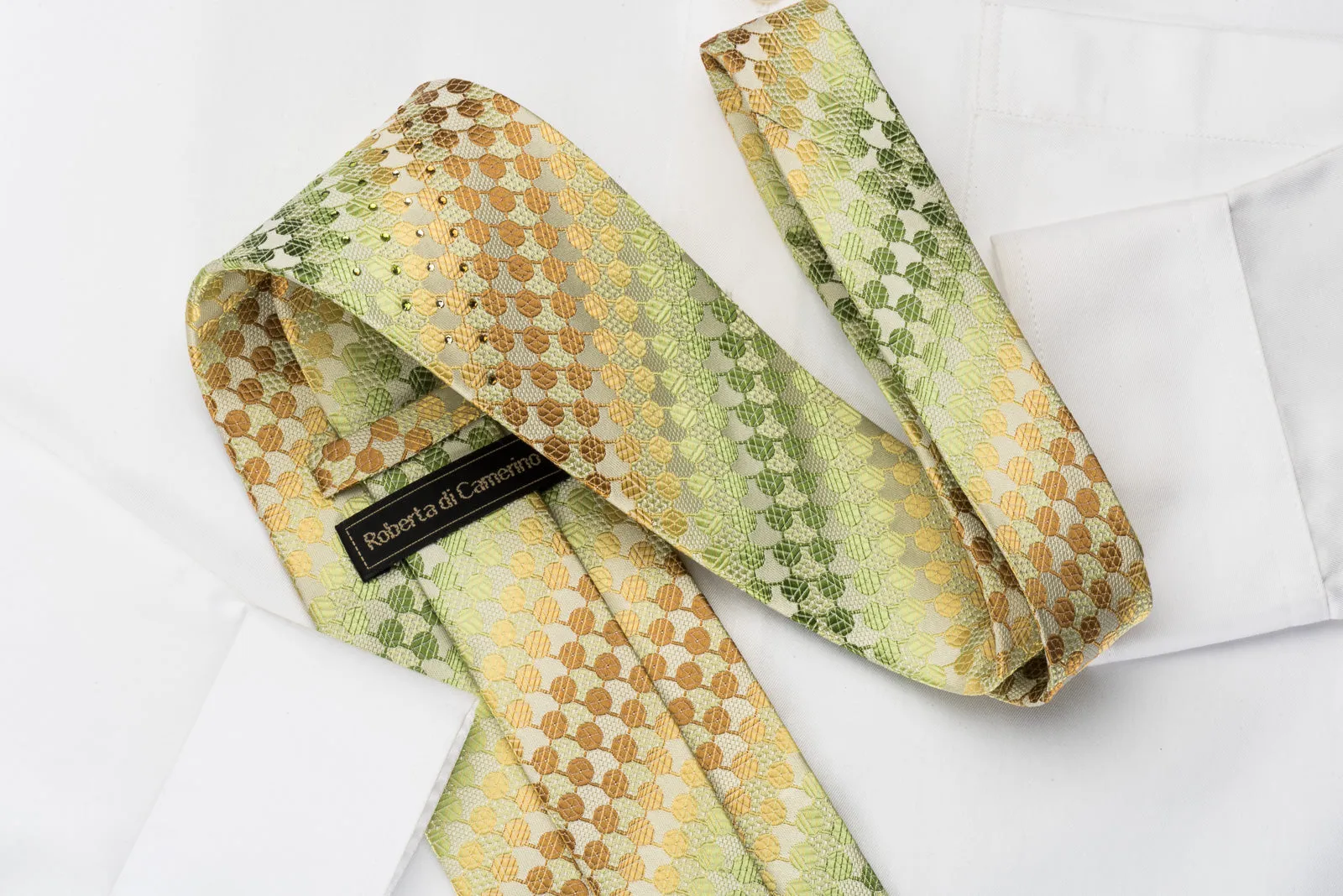 Roberta di Camerino Rhinestone Silk Necktie Green Yellow Geometric Dots