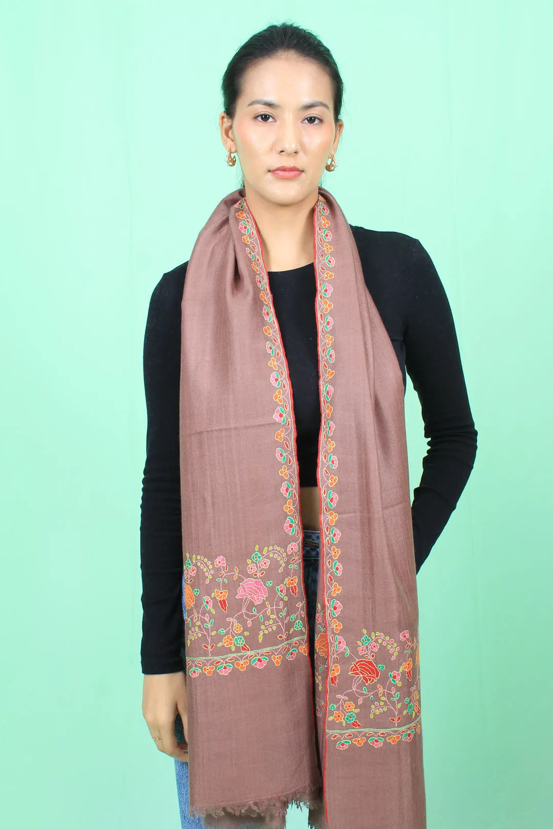 Sanaaya Antique Brass Paldar Sozni Embroidered Pashmina Stole
