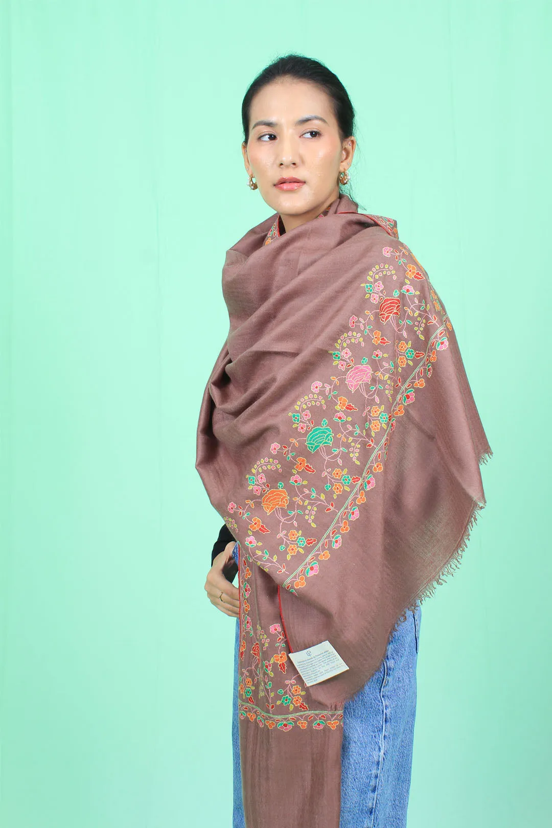 Sanaaya Antique Brass Paldar Sozni Embroidered Pashmina Stole