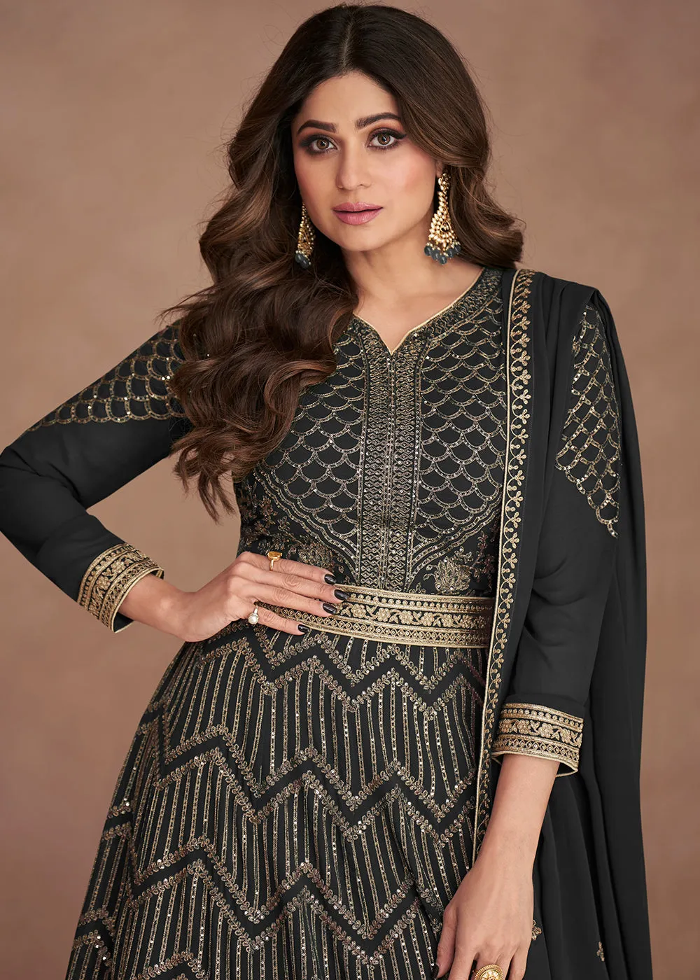 Sequined Embroidered Black Shamita Shetty Anarkali Gown