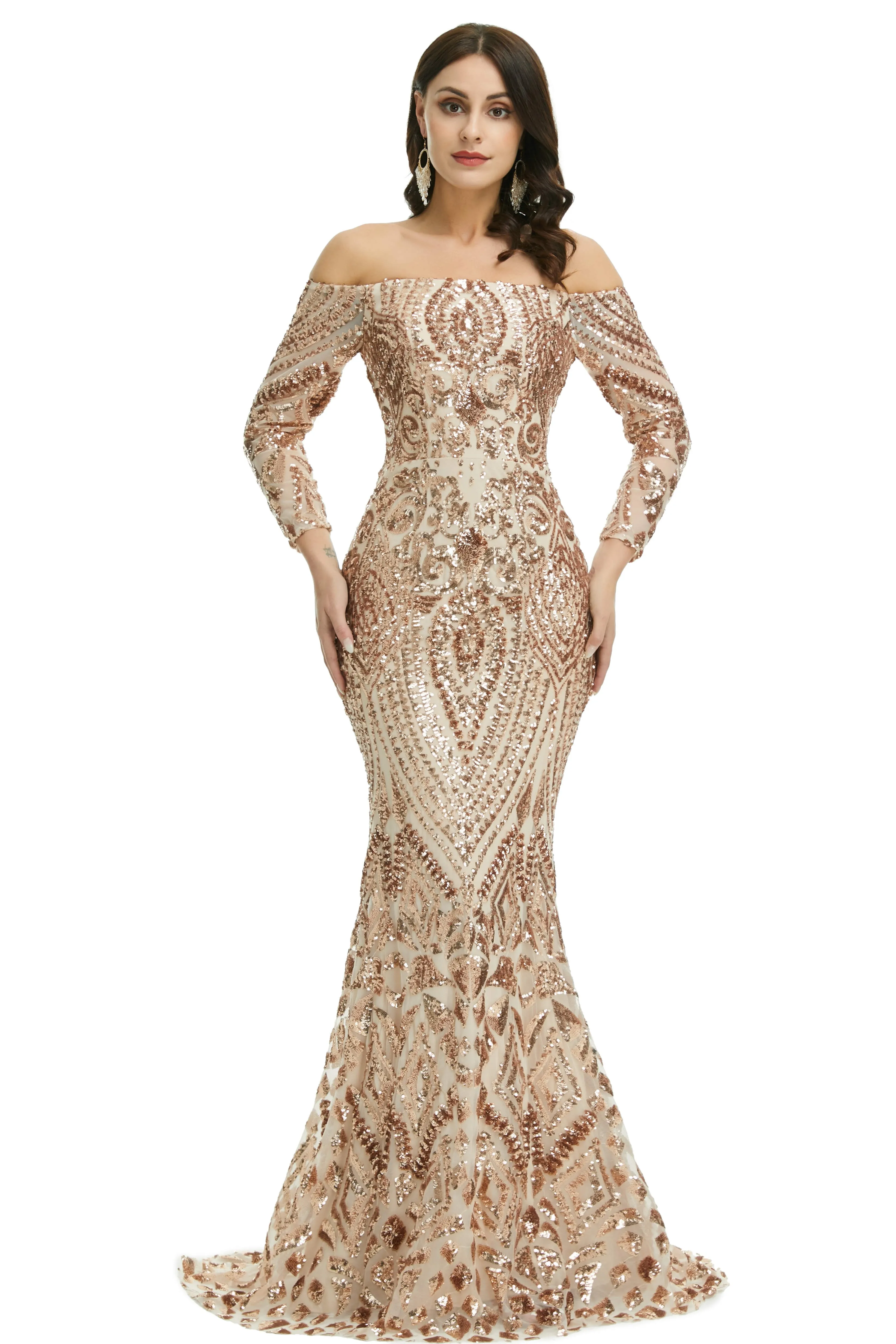 Sequins Mermaid Long Sleeves Off the Shoulder Evening Dresses