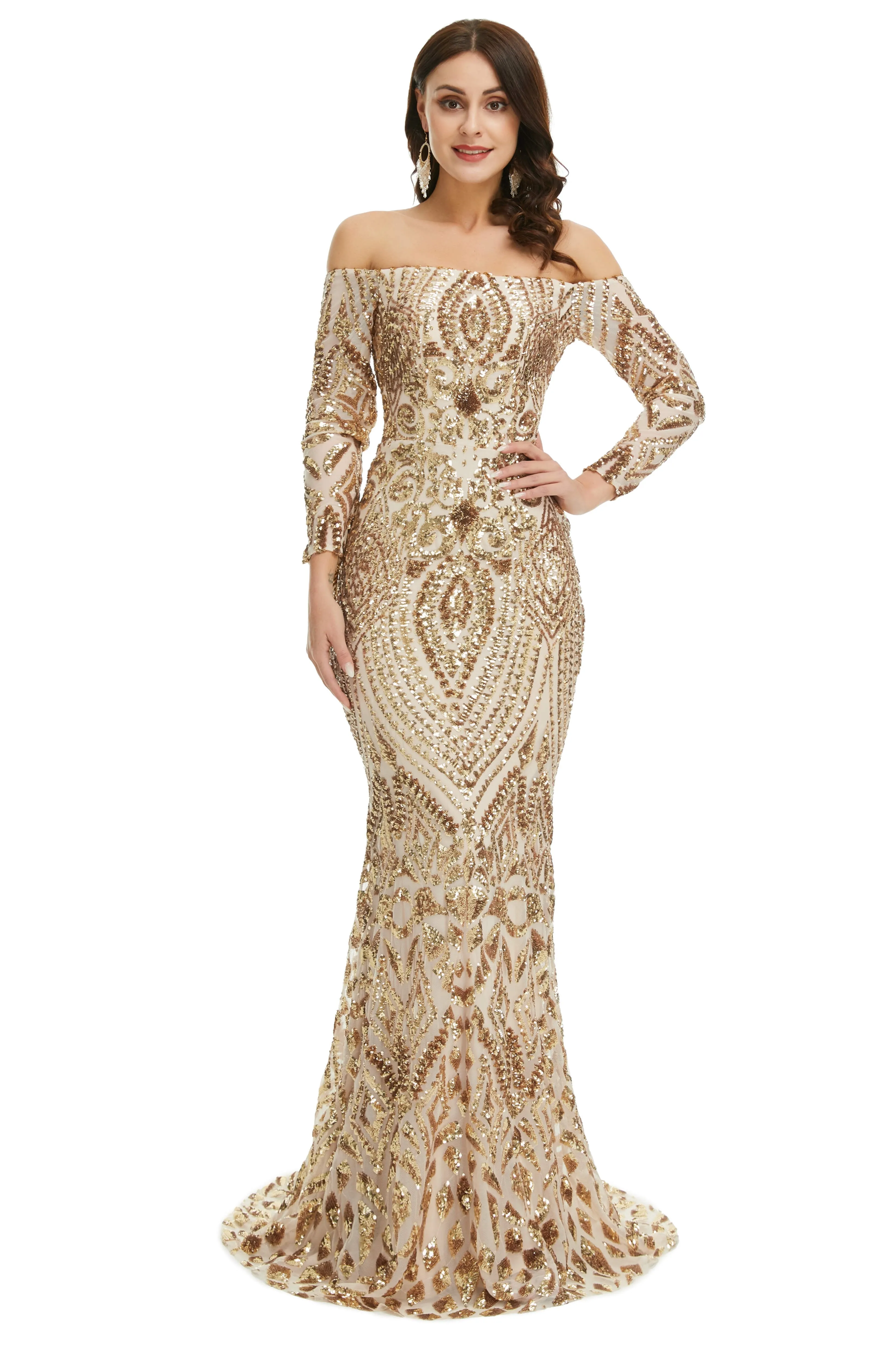 Sequins Mermaid Long Sleeves Off the Shoulder Evening Dresses