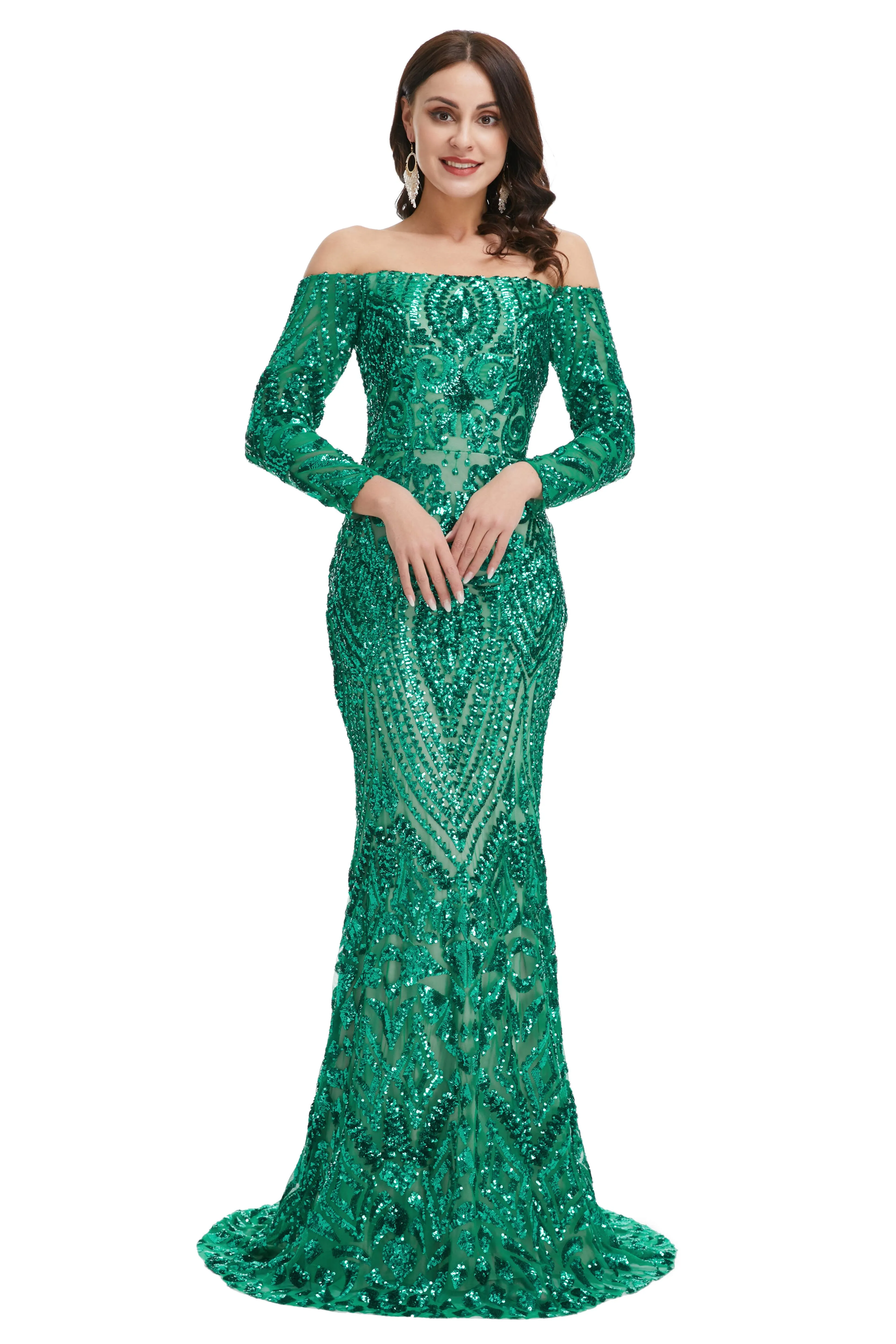 Sequins Mermaid Long Sleeves Off the Shoulder Evening Dresses