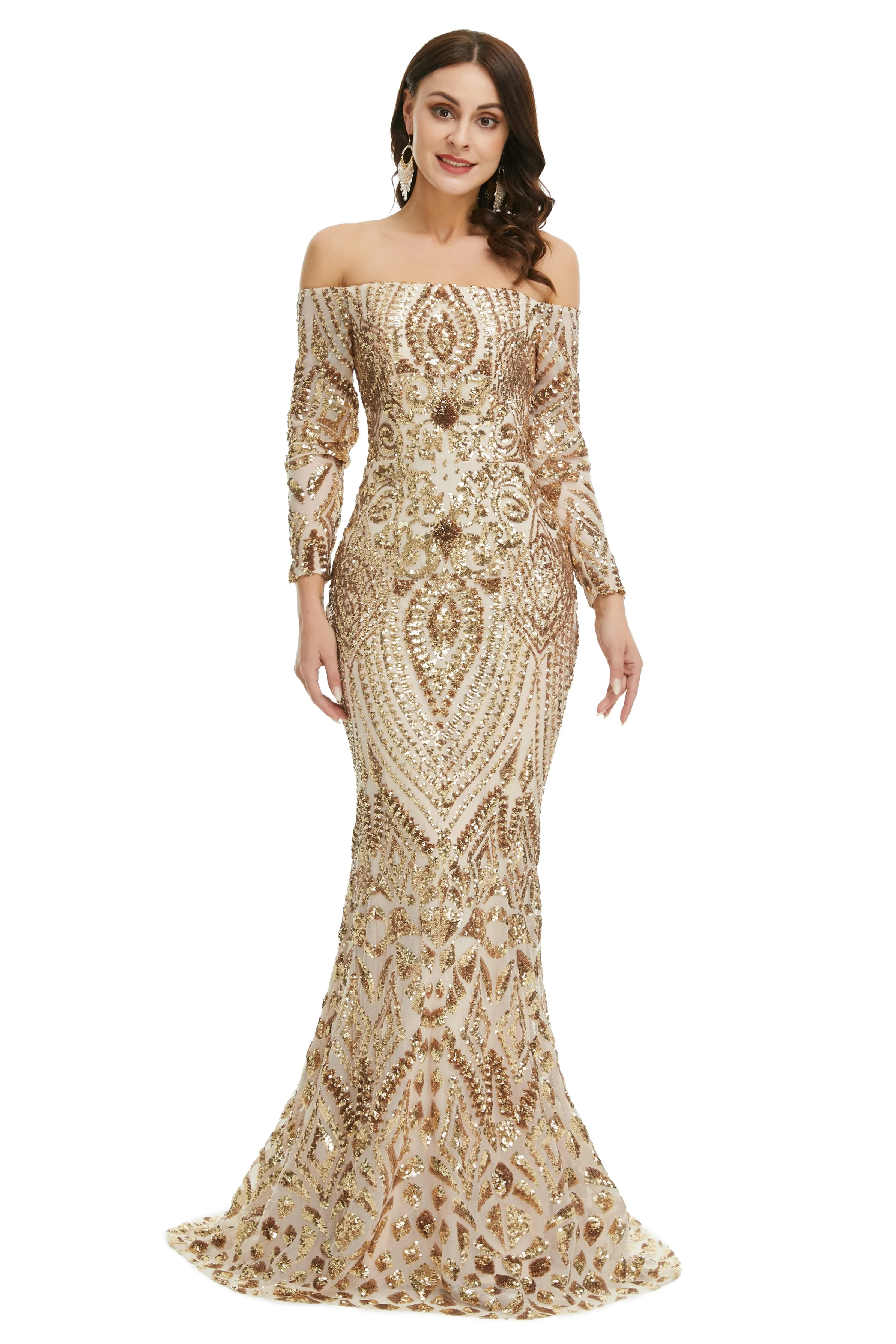 Sequins Mermaid Long Sleeves Off the Shoulder Evening Dresses