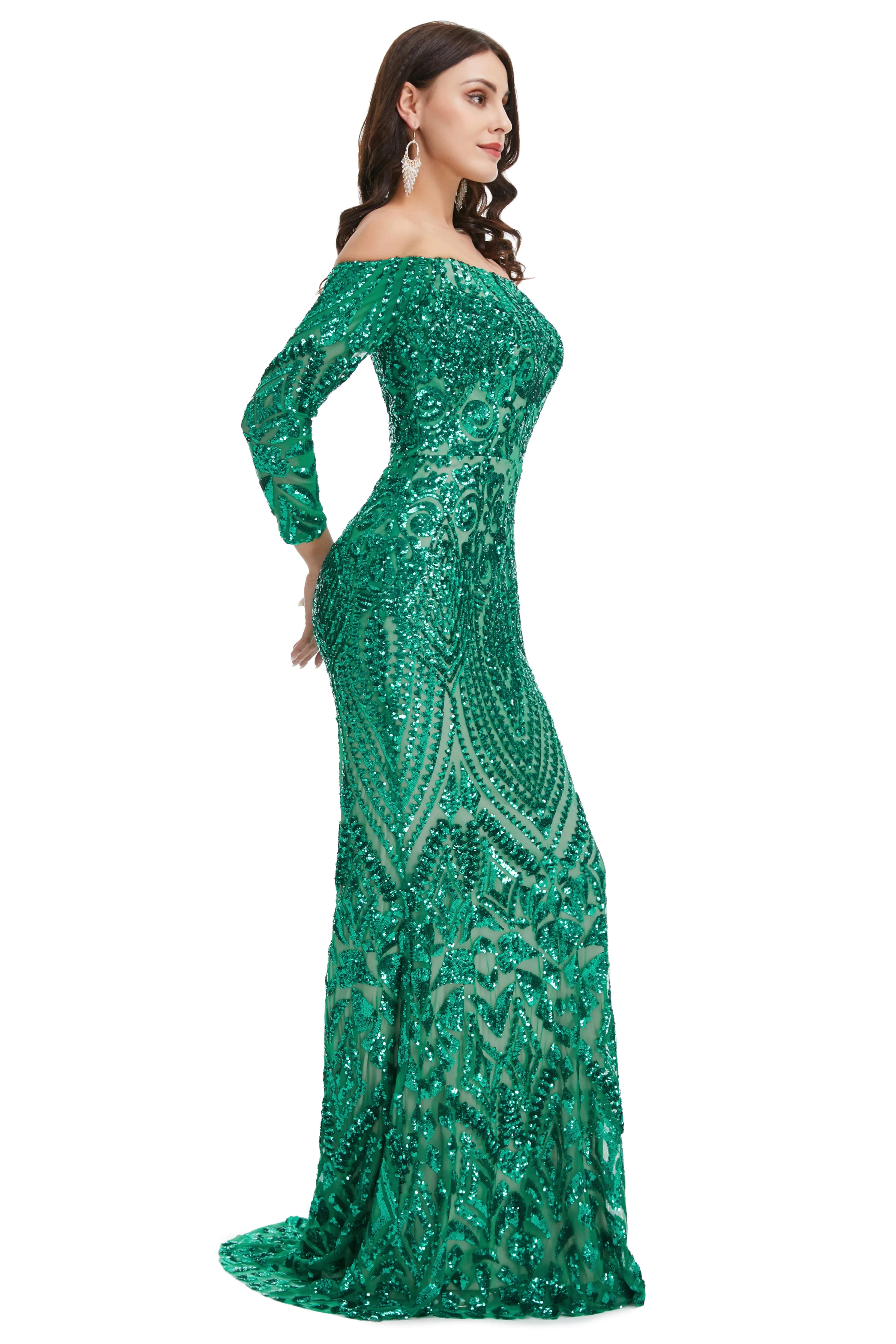 Sequins Mermaid Long Sleeves Off the Shoulder Evening Dresses