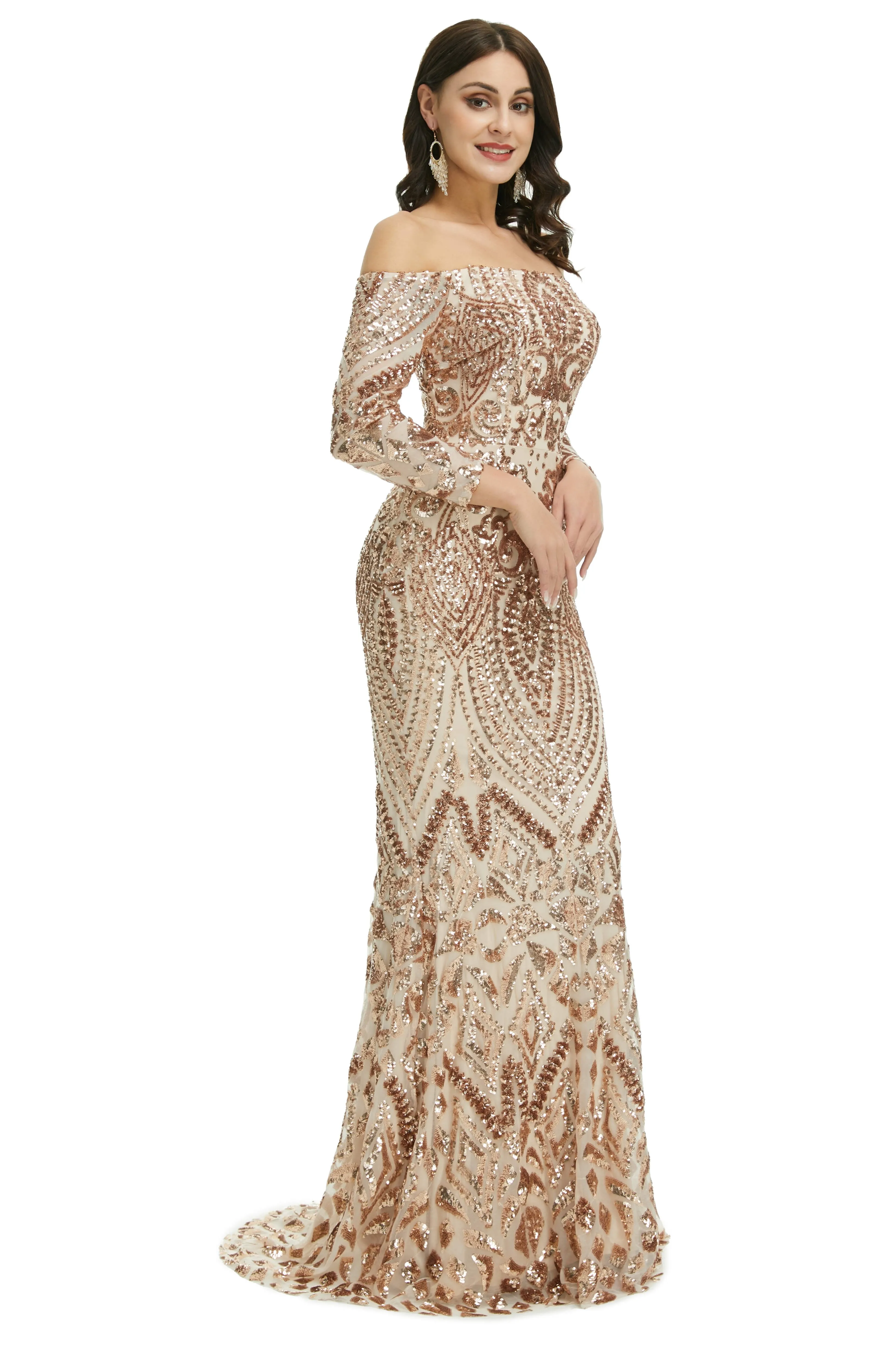 Sequins Mermaid Long Sleeves Off the Shoulder Evening Dresses