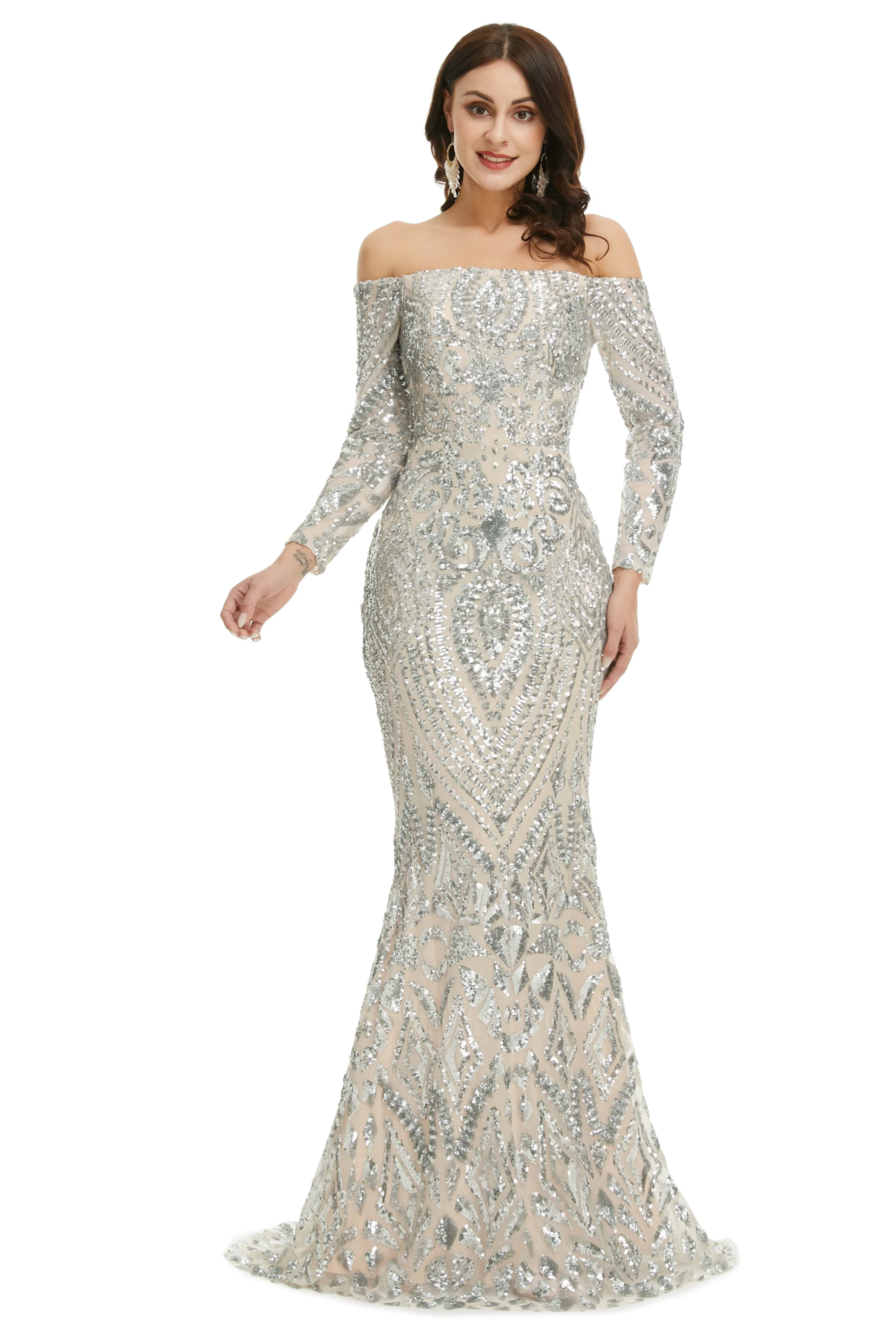Sequins Mermaid Long Sleeves Off the Shoulder Evening Dresses