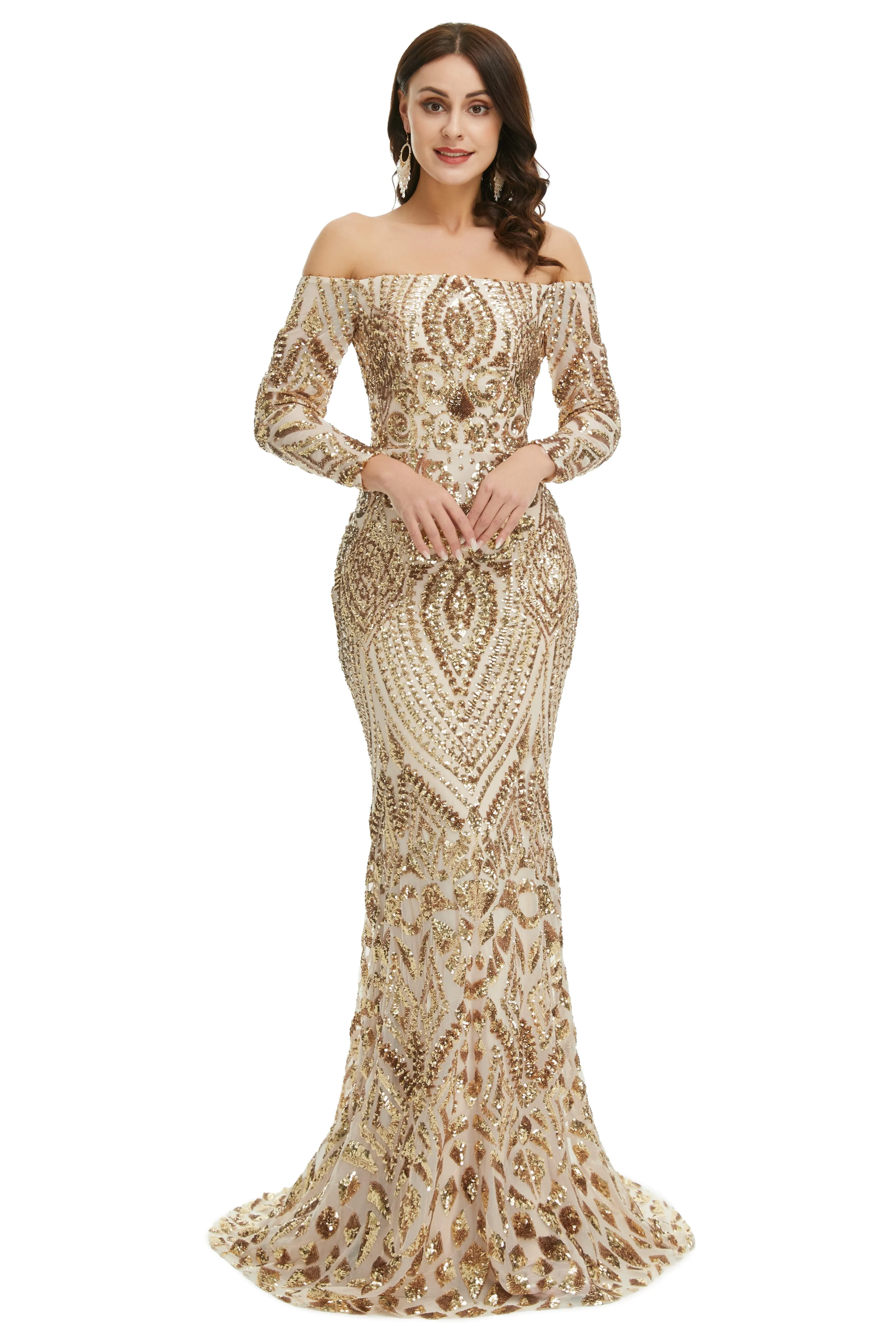 Sequins Mermaid Long Sleeves Off the Shoulder Evening Dresses