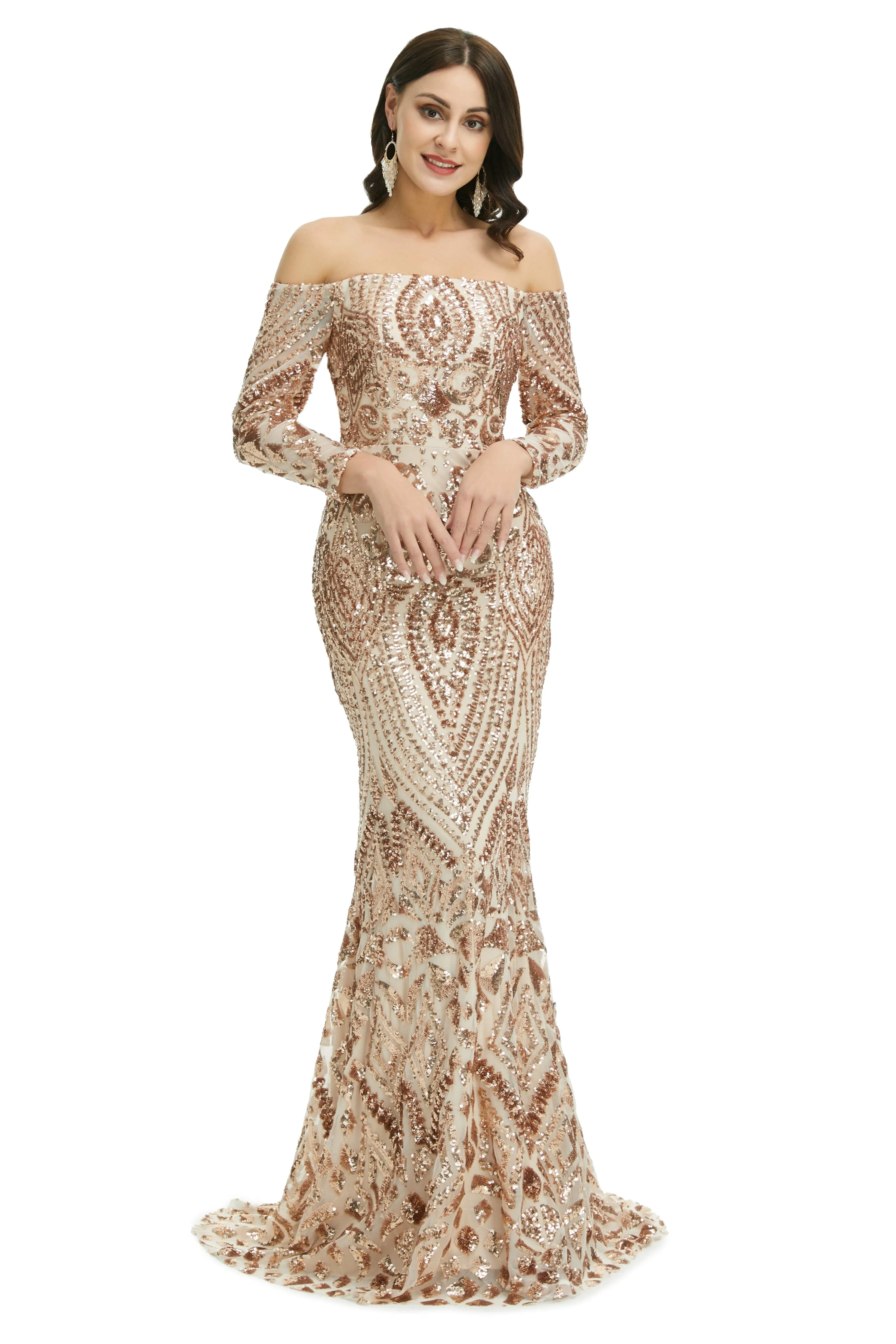 Sequins Mermaid Long Sleeves Off the Shoulder Evening Dresses