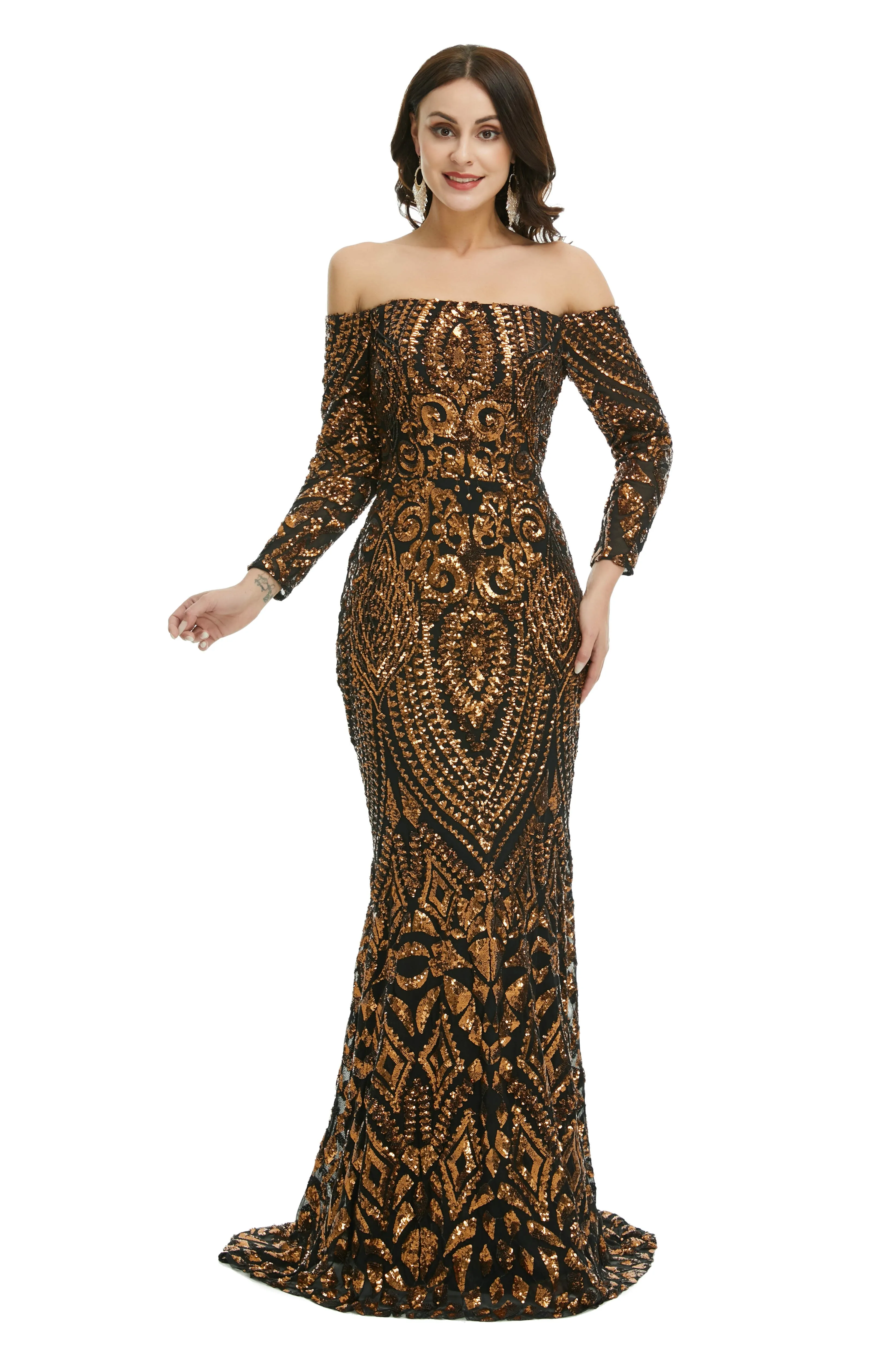 Sequins Mermaid Long Sleeves Off the Shoulder Evening Dresses