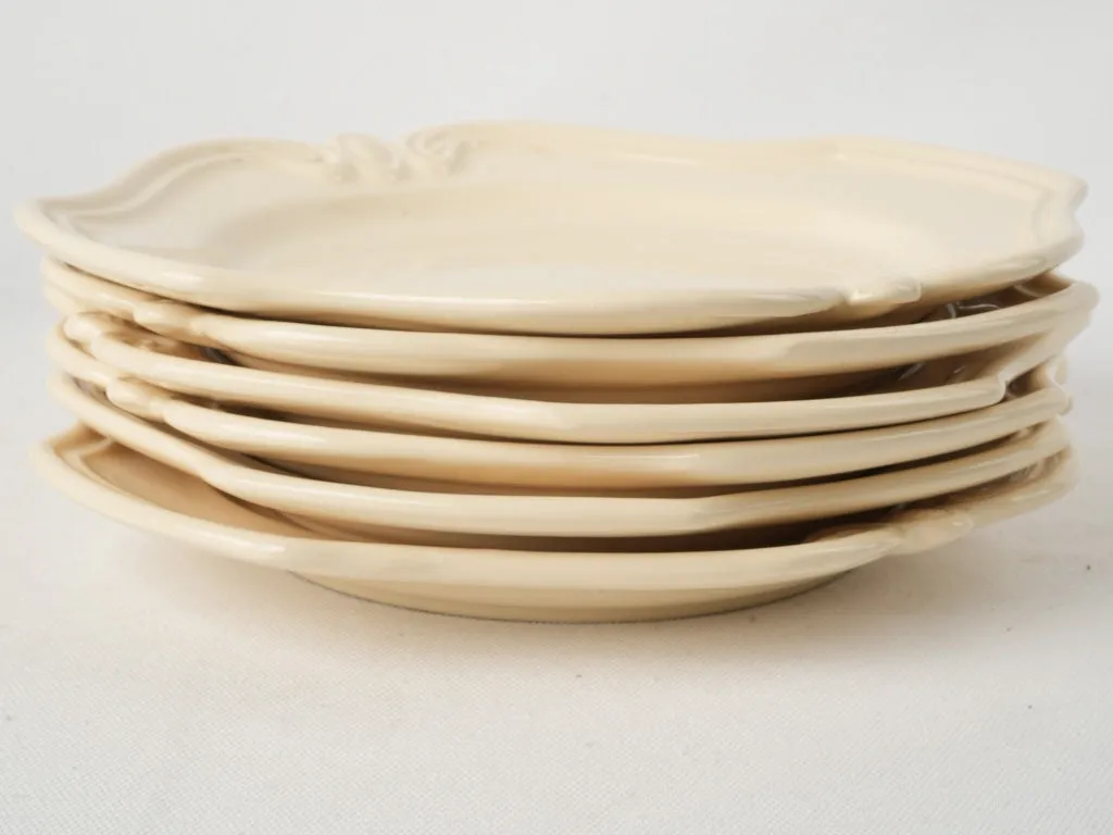 Set of Vintage French Cream Ceramic Plates with Ornate Relief Design 10¾"