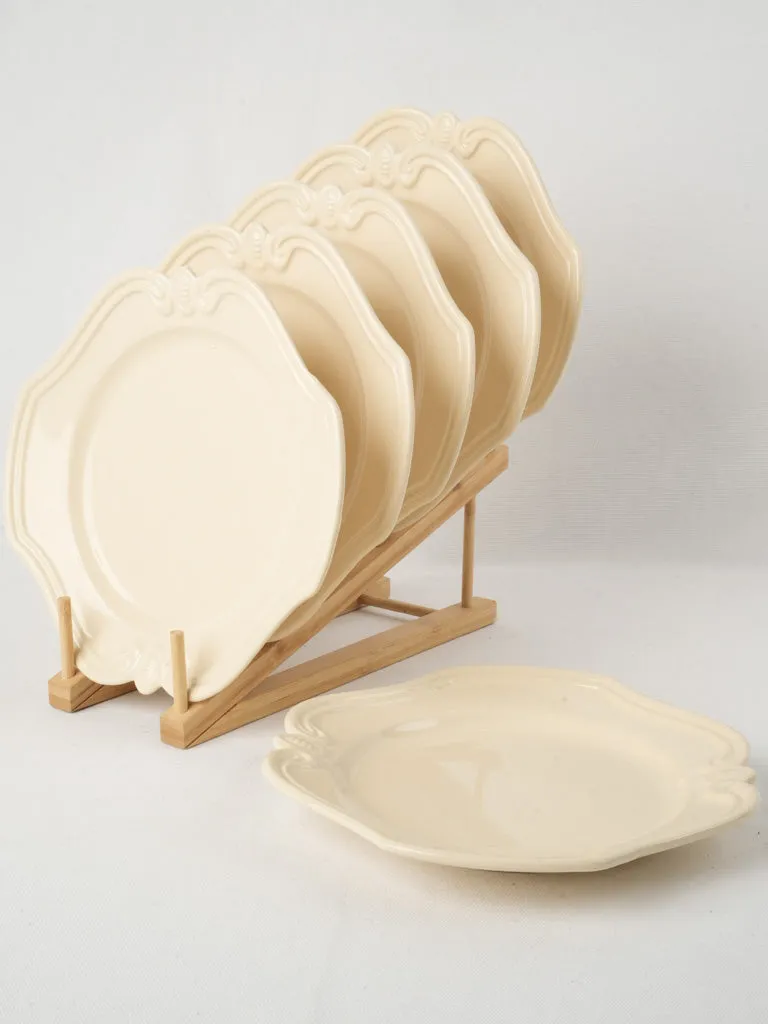 Set of Vintage French Cream Ceramic Plates with Ornate Relief Design 10¾"