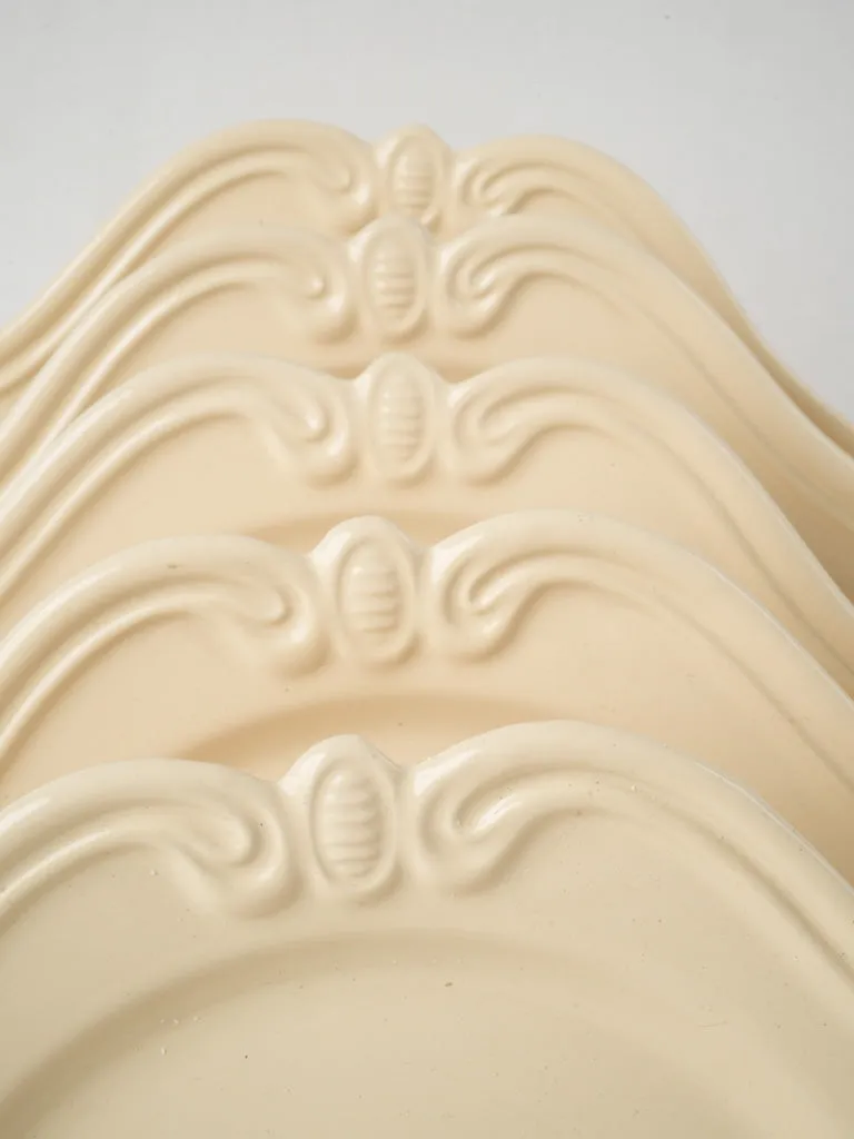 Set of Vintage French Cream Ceramic Plates with Ornate Relief Design 10¾"