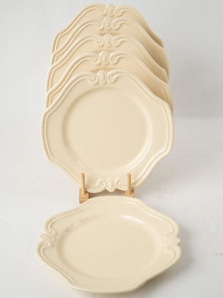 Set of Vintage French Cream Ceramic Plates with Ornate Relief Design 10¾"