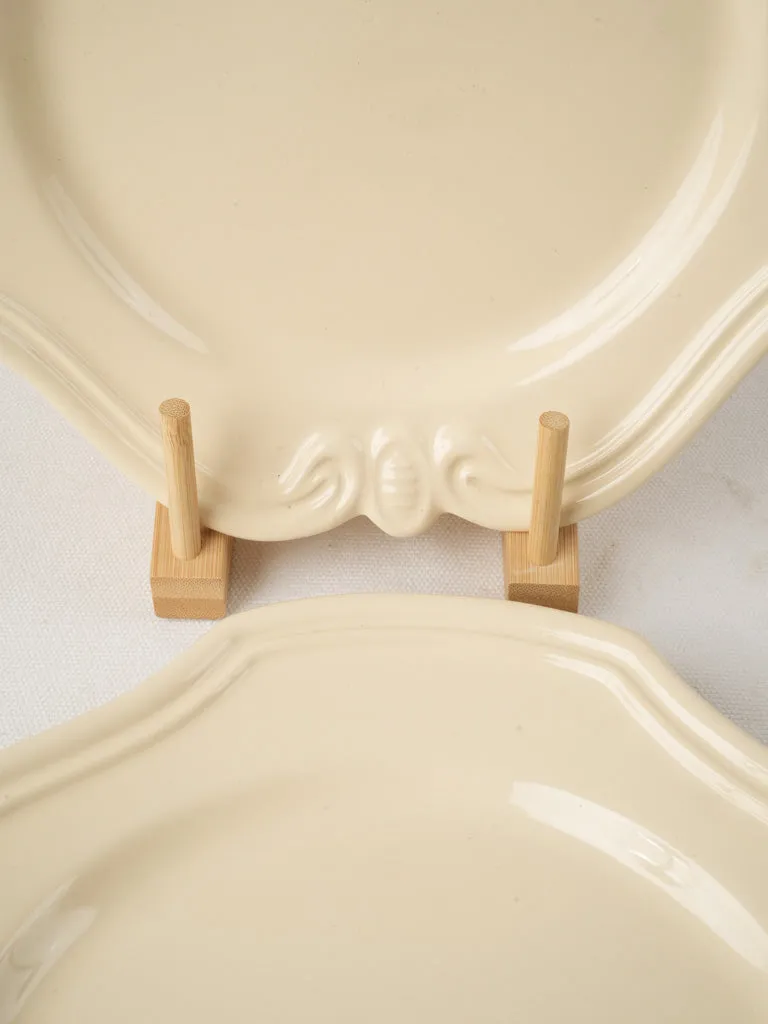 Set of Vintage French Cream Ceramic Plates with Ornate Relief Design 10¾"