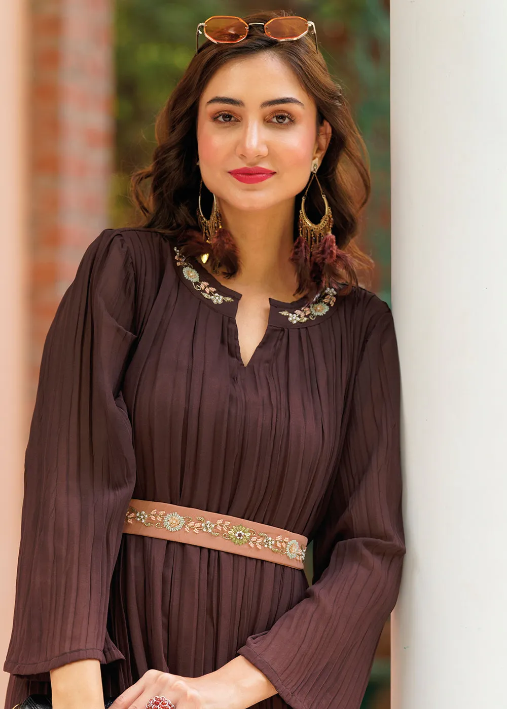 Shaded Brown Ombre Crushed Khatli Work Georgette Gown