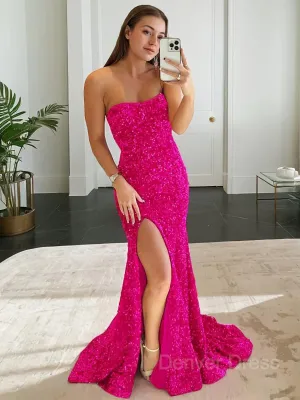Sheath Strapless Sweep Train Evening Dresses With Leg Slit