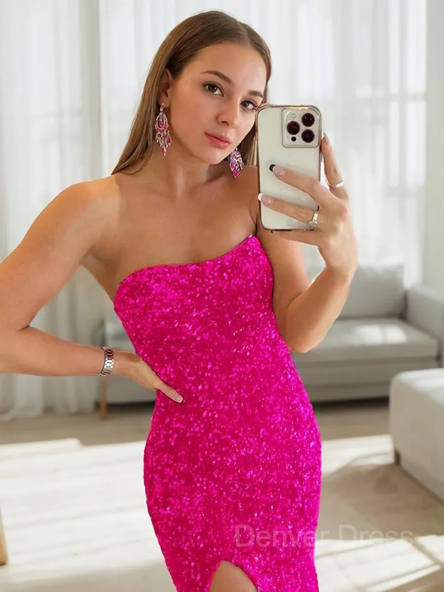 Sheath Strapless Sweep Train Evening Dresses With Leg Slit