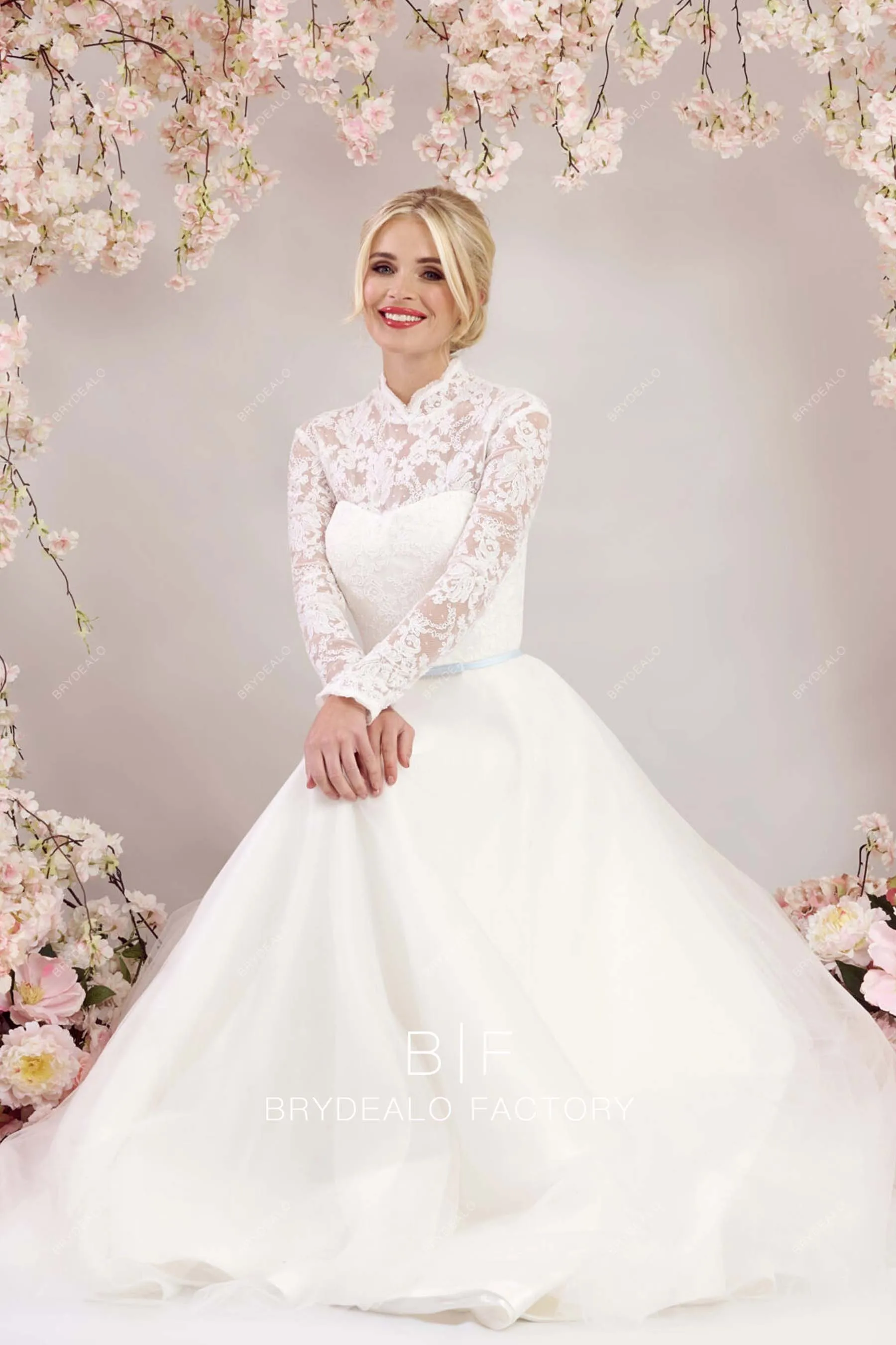 Sheer Long Sleeves Traditional Lace Tulle Ball Gown Wedding Dress
