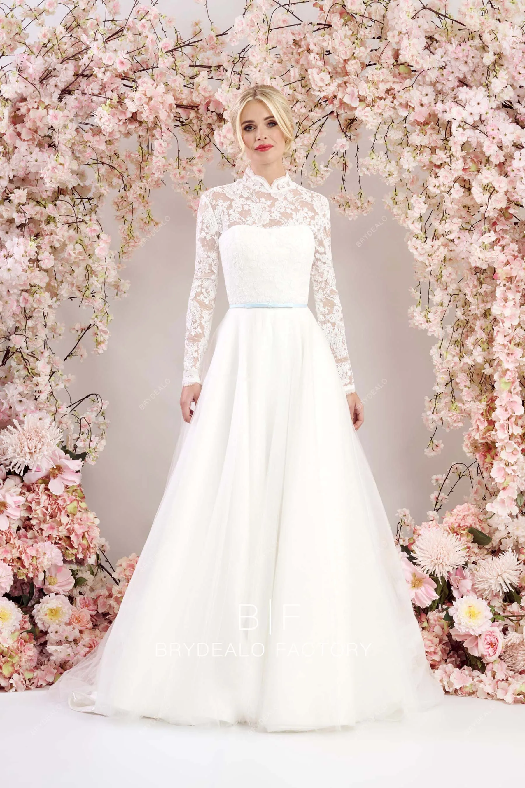 Sheer Long Sleeves Traditional Lace Tulle Ball Gown Wedding Dress