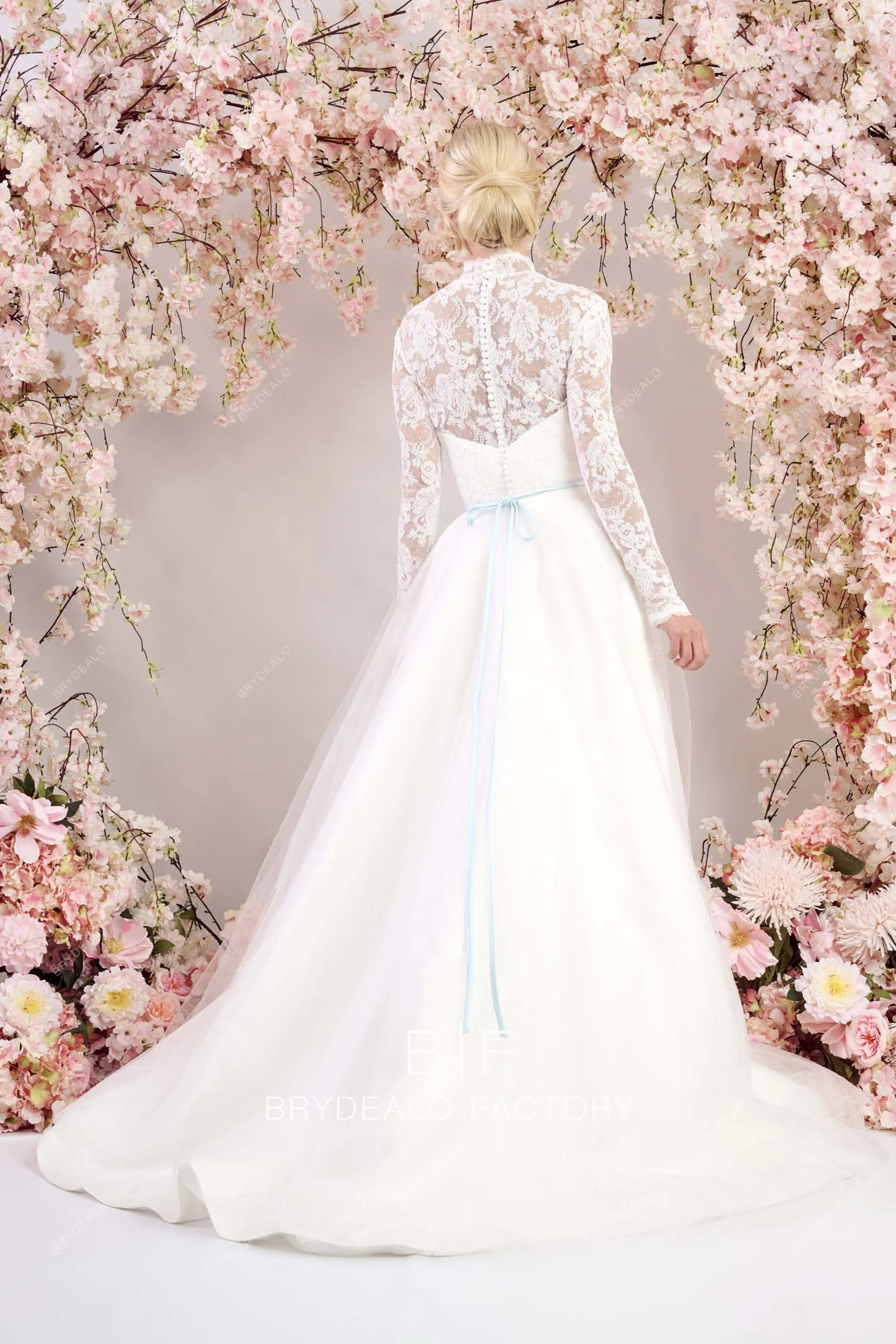 Sheer Long Sleeves Traditional Lace Tulle Ball Gown Wedding Dress