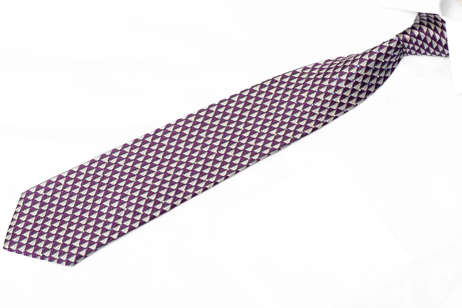 Silver Purple Geometric Rhinestone Silk Tie With Purple Sparkles