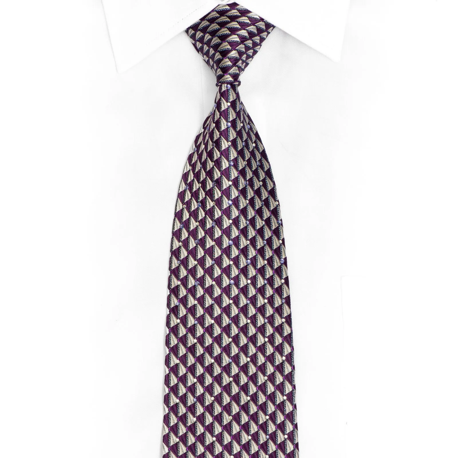 Silver Purple Geometric Rhinestone Silk Tie With Purple Sparkles