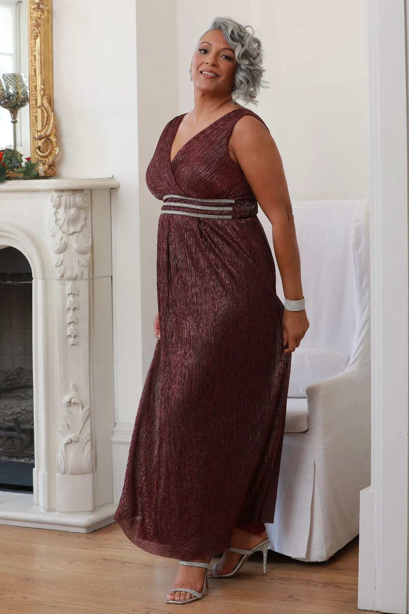 Sleeveless Crinkle Rhinestone Waist Gown- Formal Gown