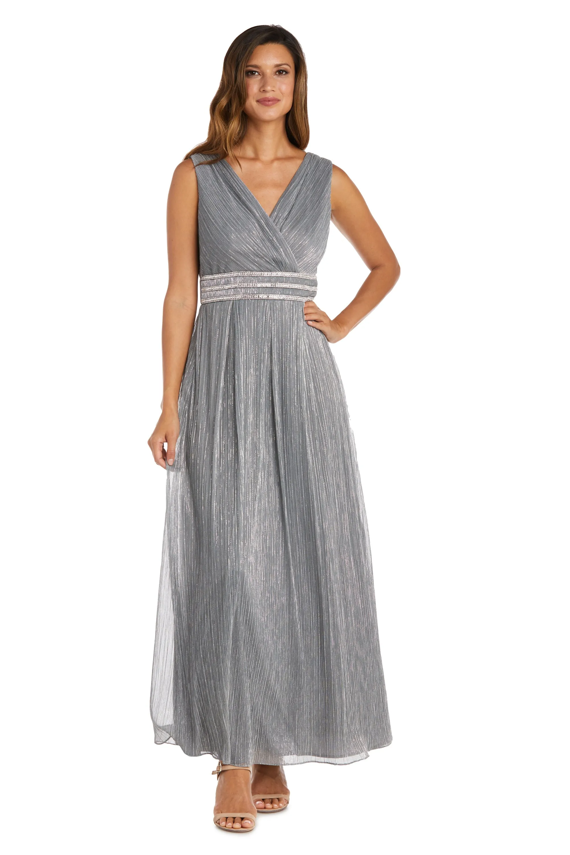 Sleeveless Crinkle Rhinestone Waist Gown- Formal Gown
