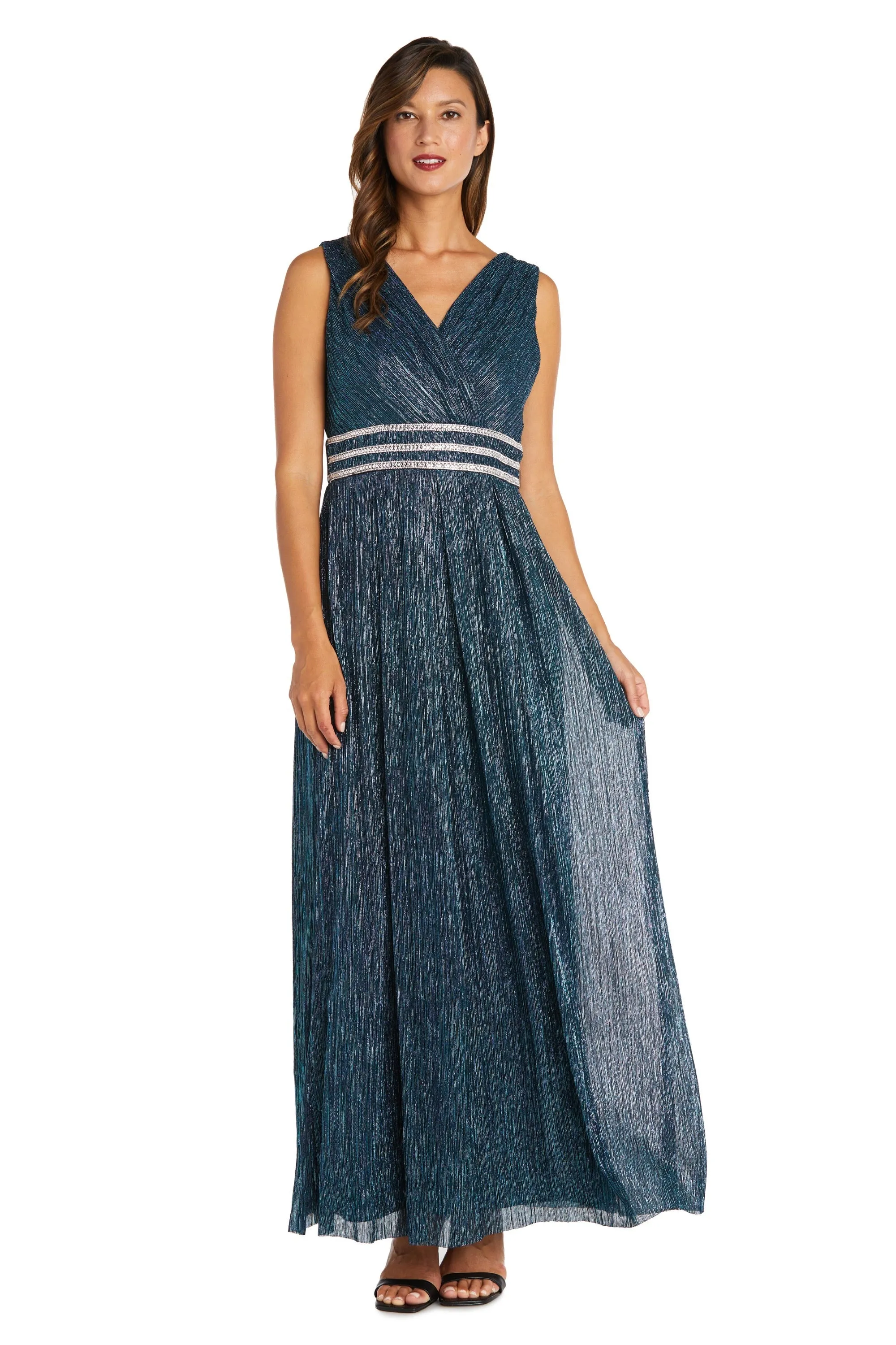 Sleeveless Crinkle Rhinestone Waist Gown- Formal Gown