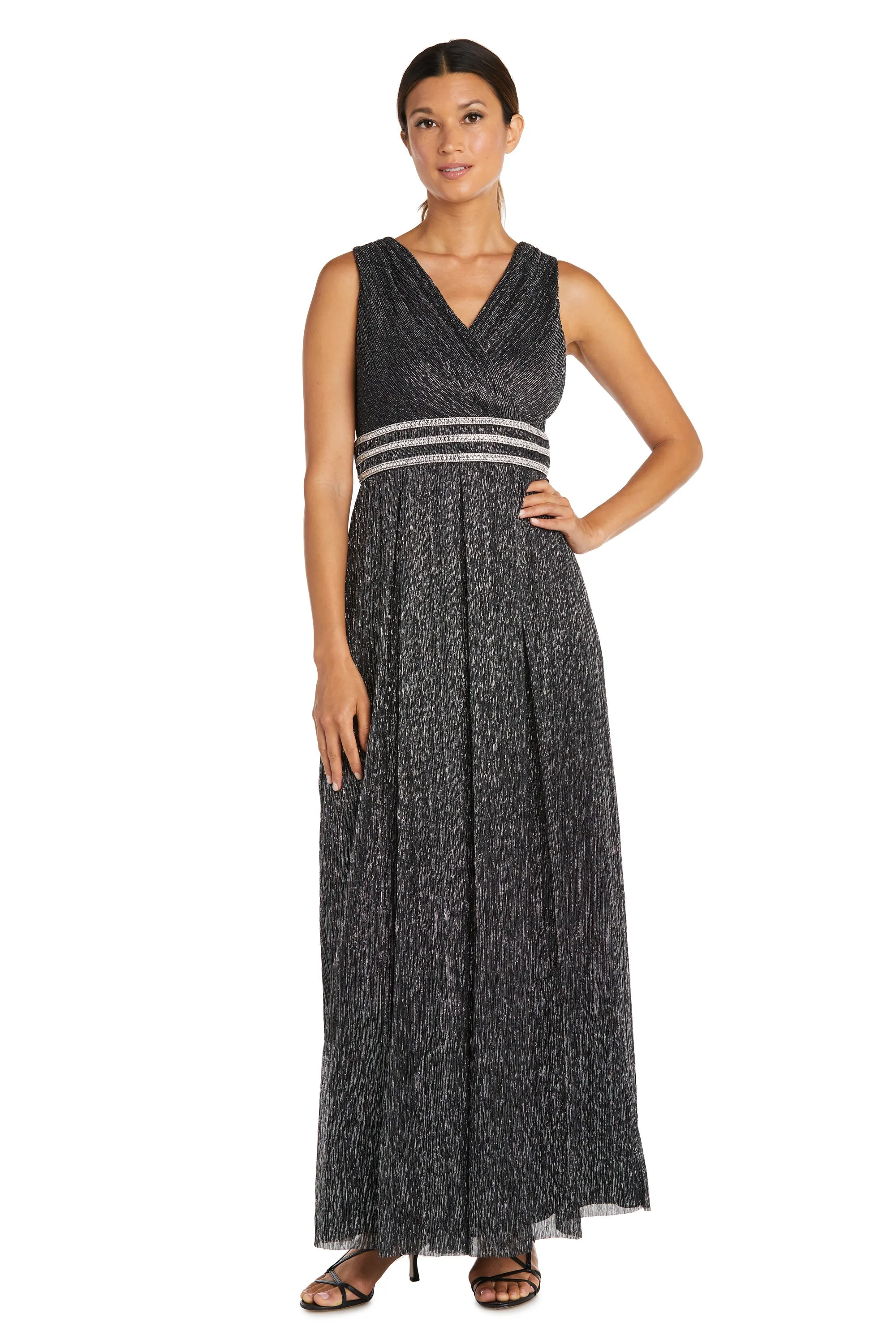 Sleeveless Crinkle Rhinestone Waist Gown- Formal Gown