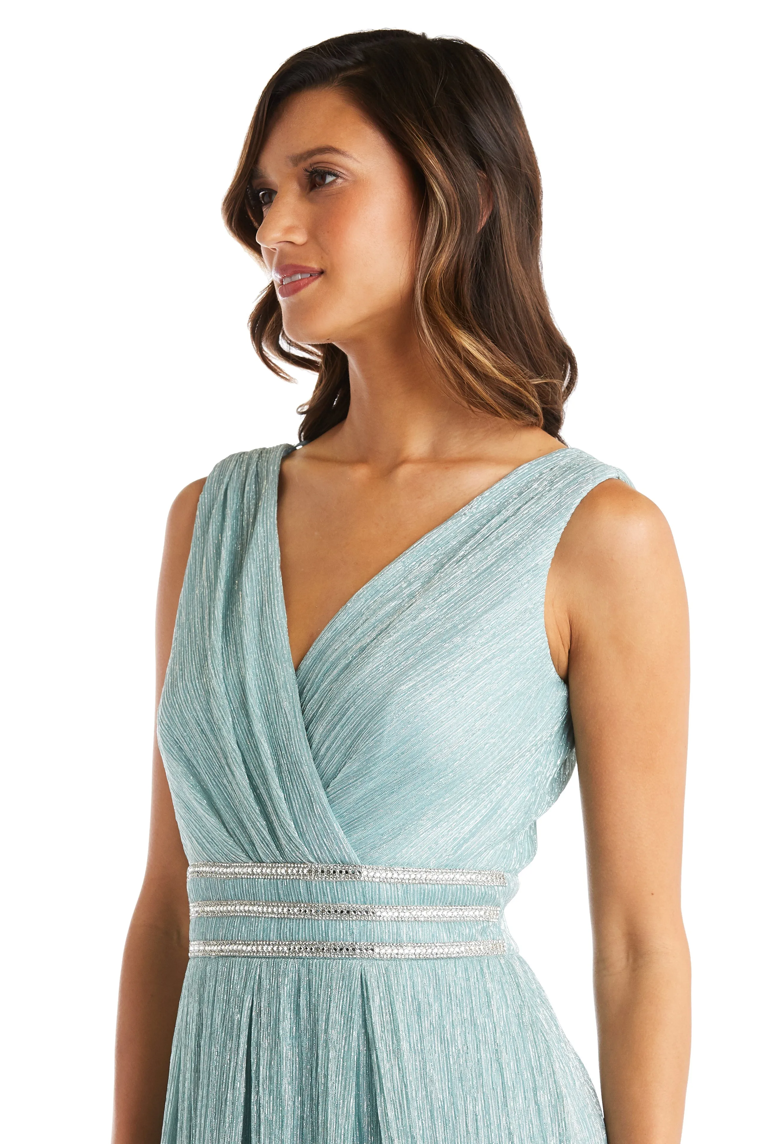 Sleeveless Crinkle Rhinestone Waist Gown- Formal Gown