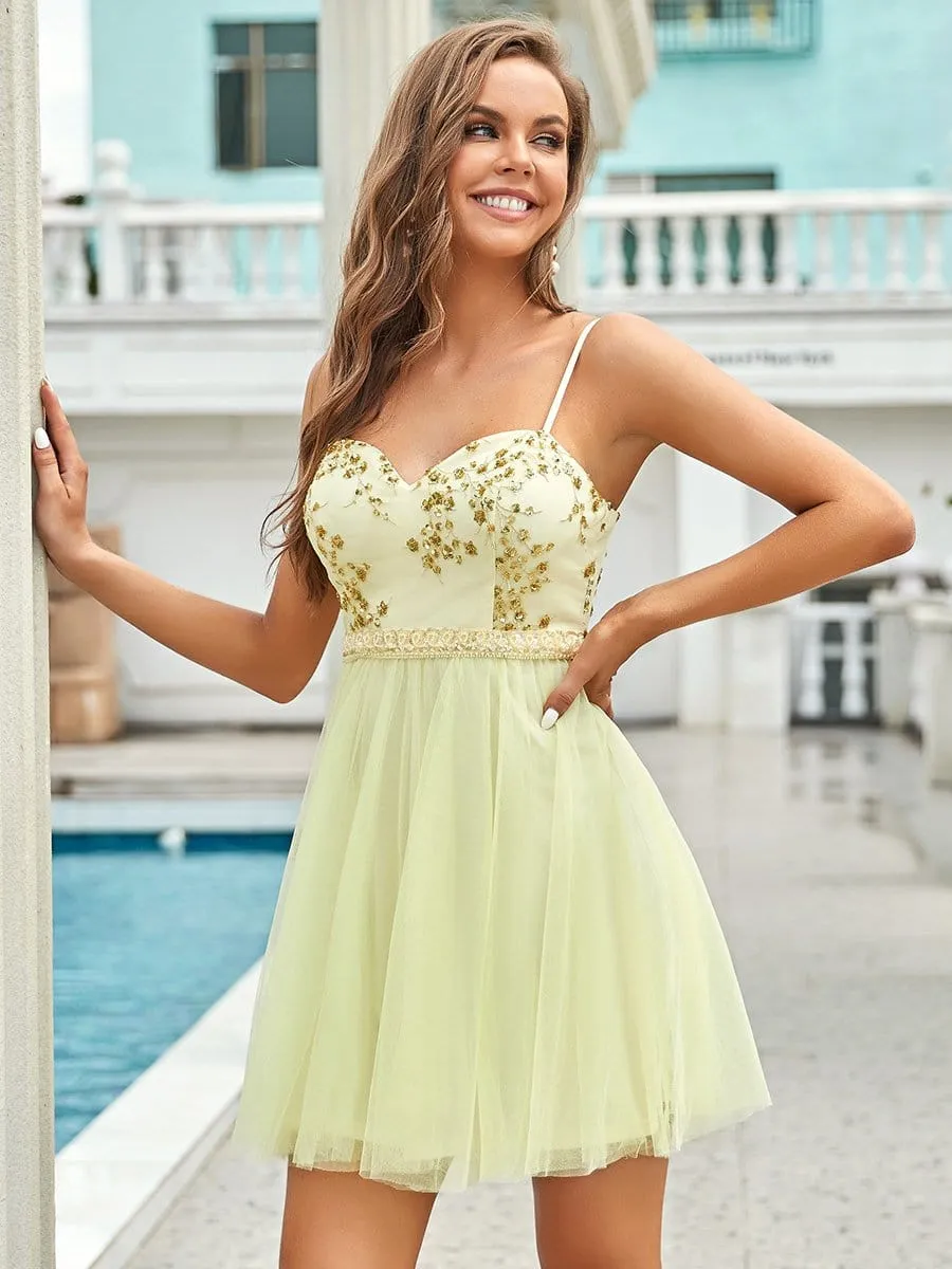 Spaghetti Straps Sweetheart Sequin Short Tulle Prom Dress