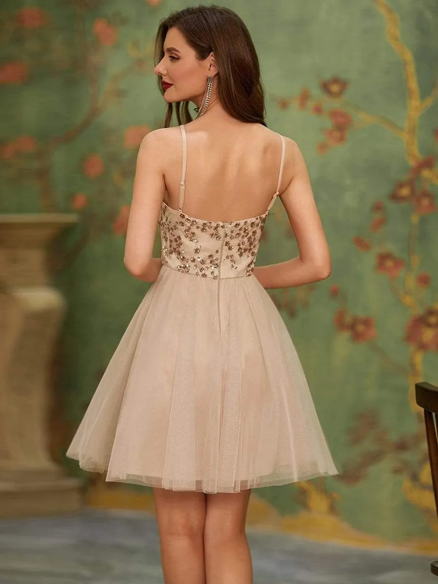 Spaghetti Straps Sweetheart Sequin Short Tulle Prom Dress