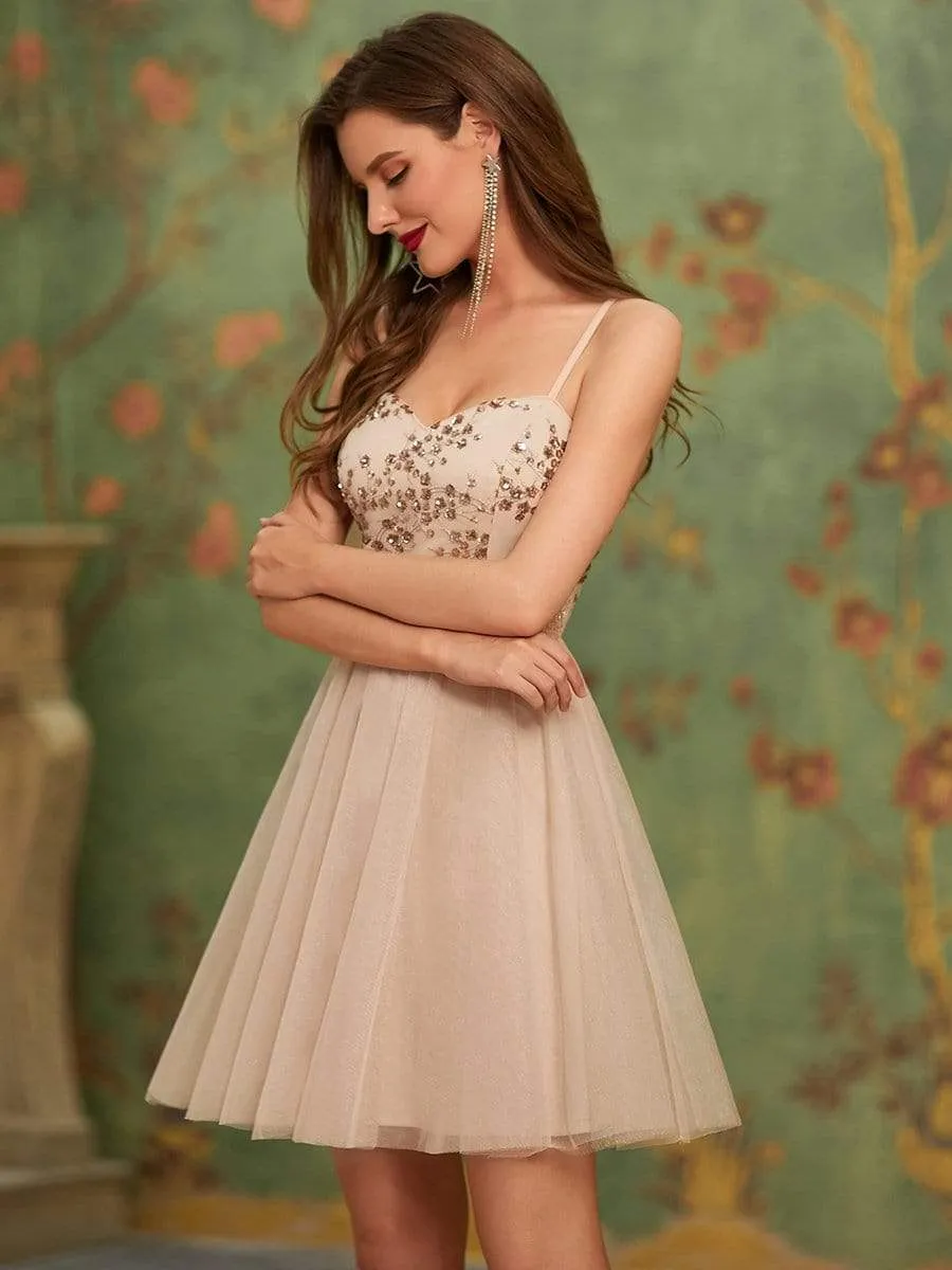 Spaghetti Straps Sweetheart Sequin Short Tulle Prom Dress